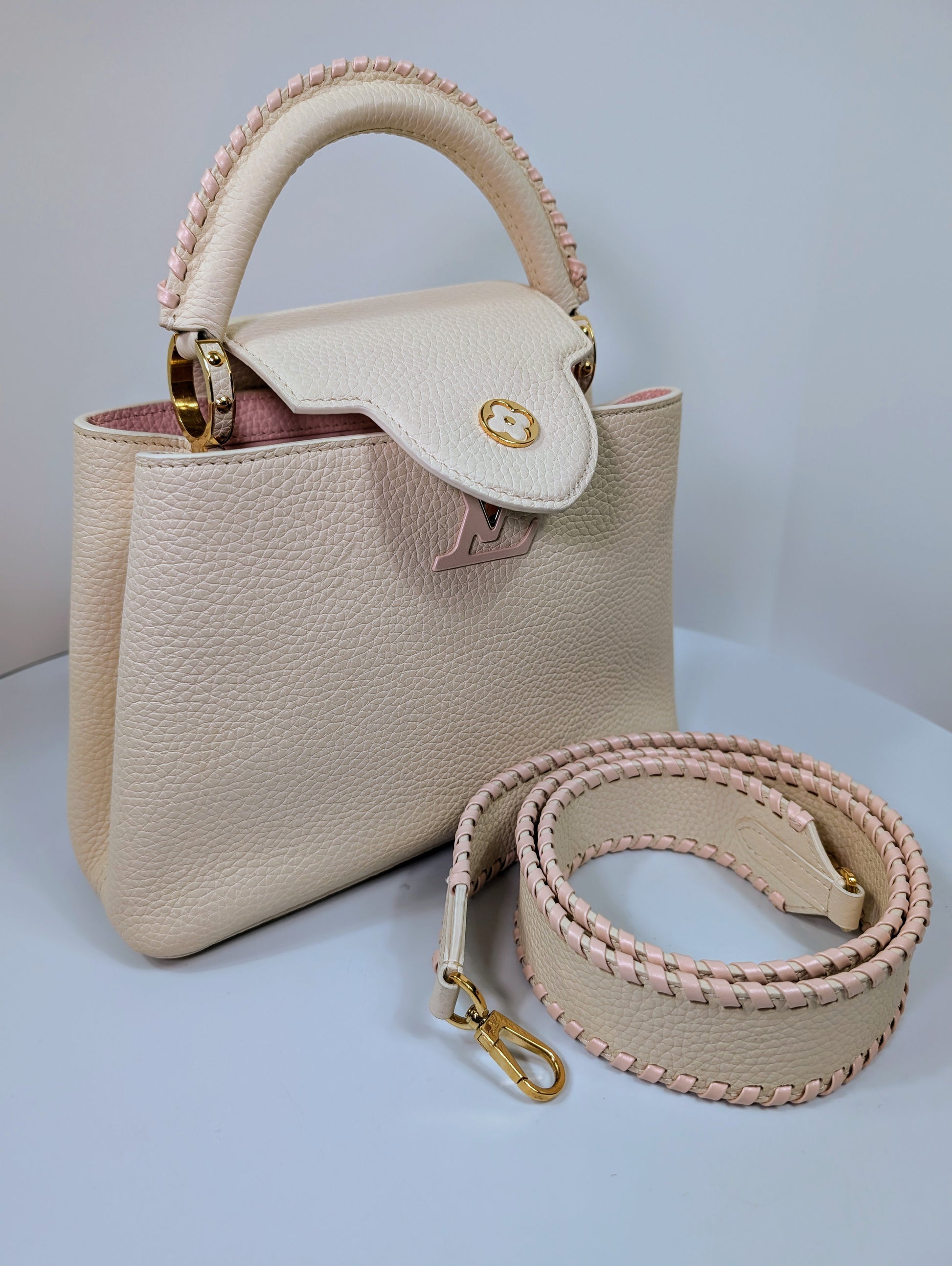 Louis Vuitton Rare Pink and Cream Capucines BB in Grained Taurillon Leather