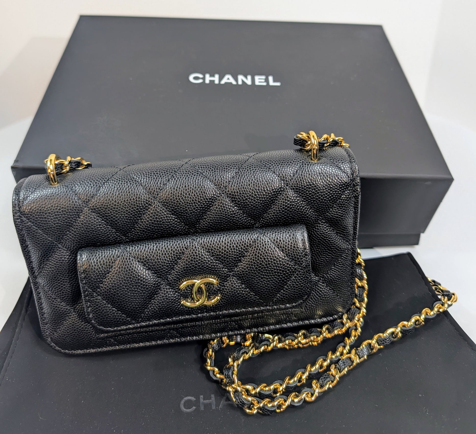 Chanel Black Caviar Leather Extra Mini Rectangular Wallet on Chain