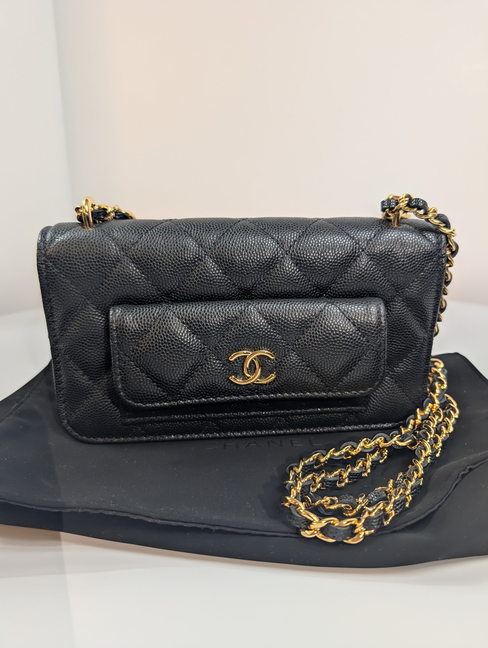 Chanel Black Caviar Leather Extra Mini Rectangular Wallet on Chain