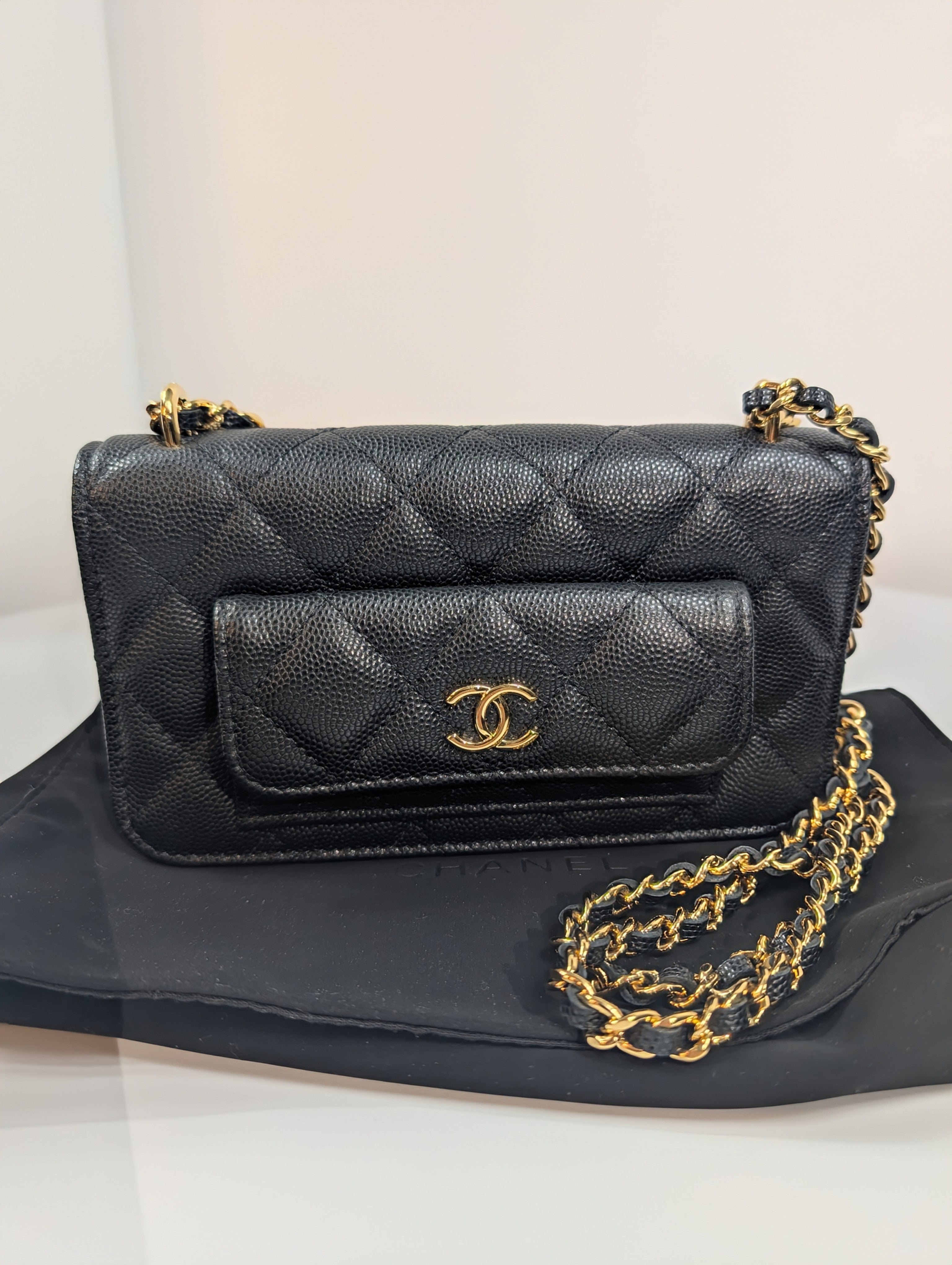 Chanel Black Caviar Leather Extra Mini Rectangular Wallet on Chain