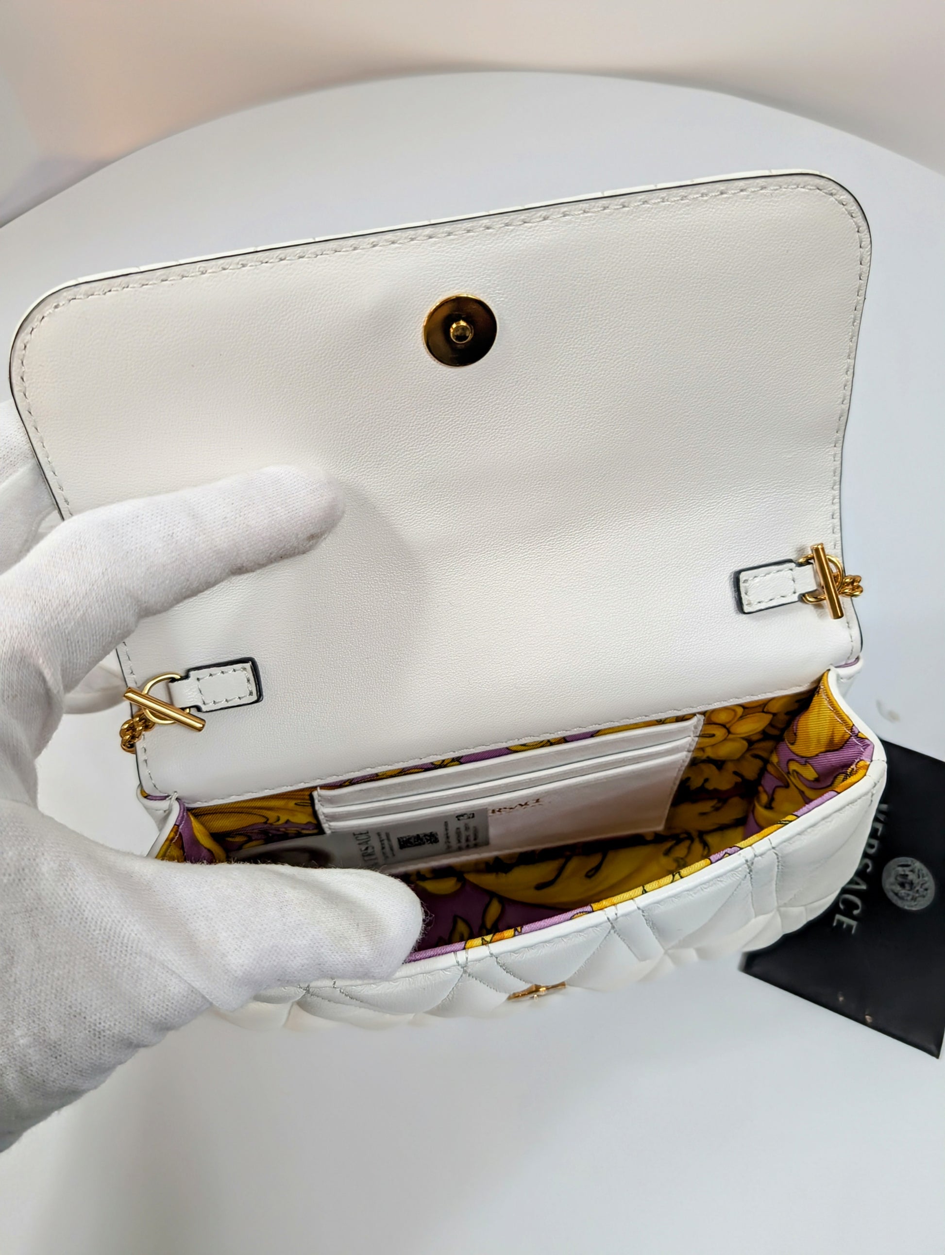 Versace White Virtus Quilted Chain Wallet on Chain (WOC)