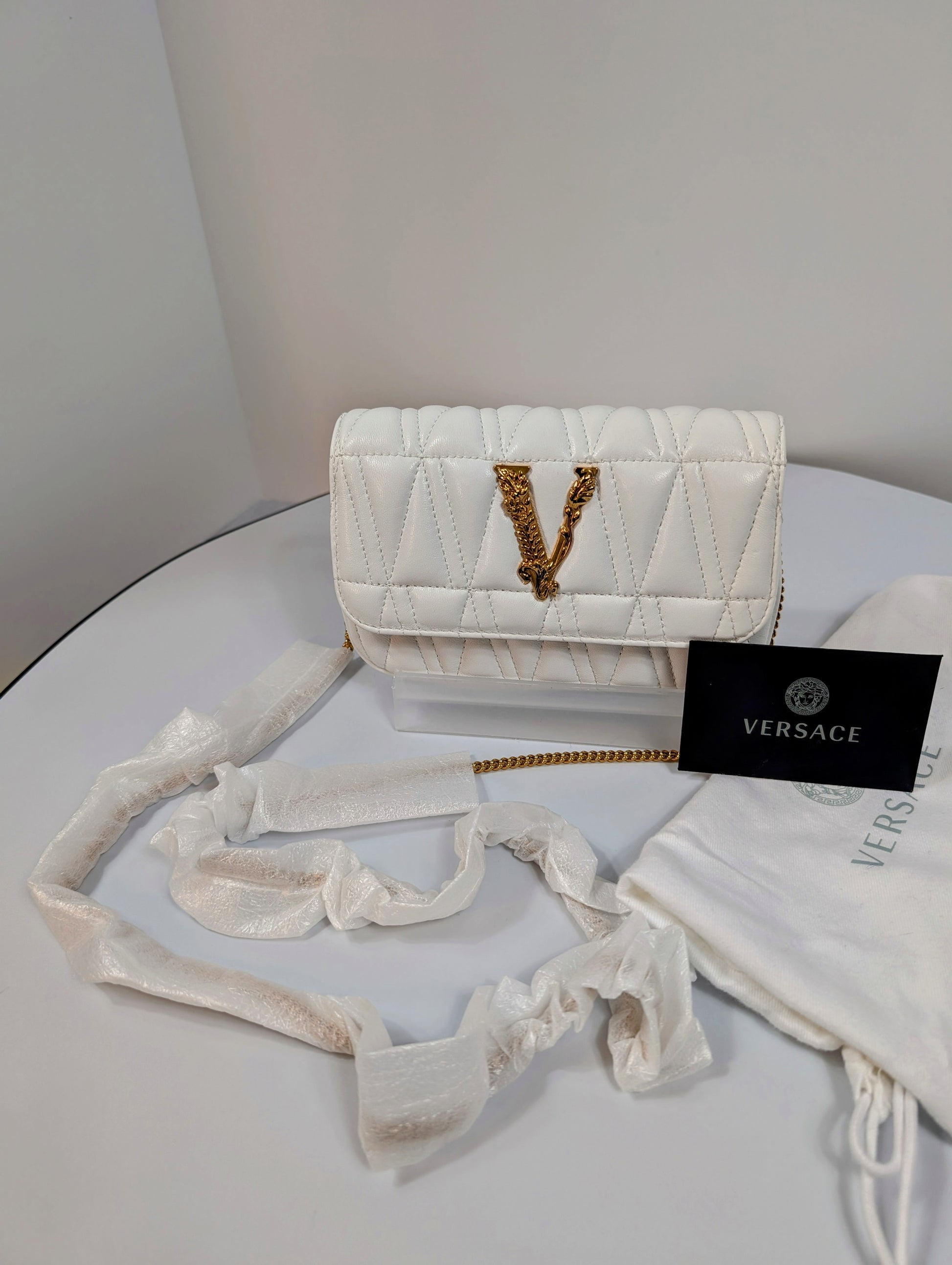 Versace White Virtus Quilted Chain Wallet on Chain (WOC)