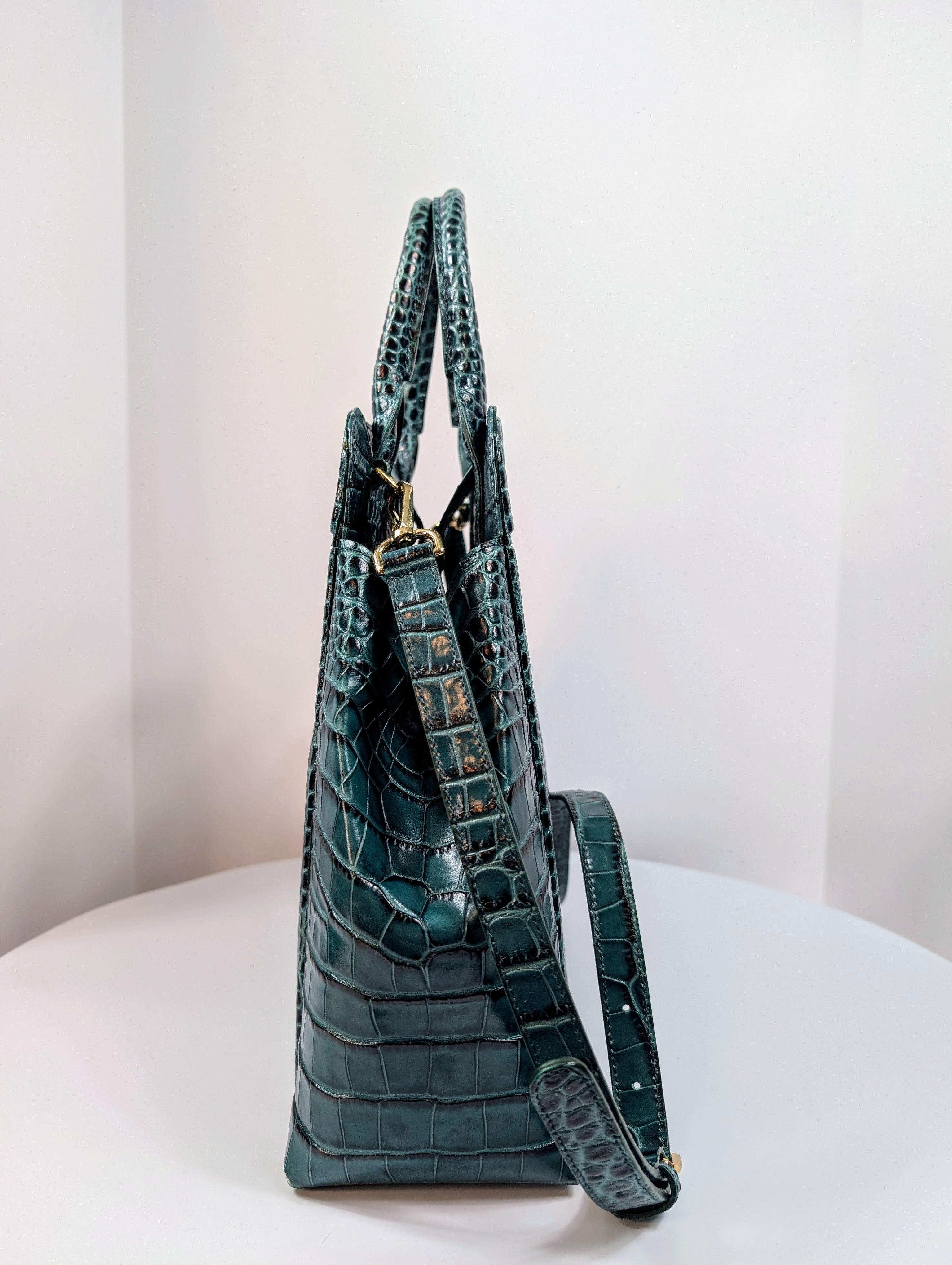 Bene Florence Large Top Handle Bag in Teal Emerald Green Alligator