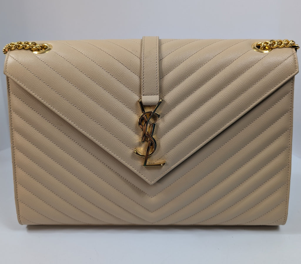YSL Saint Laurent Beige Embossed Leather Monogram Matelassé Chain