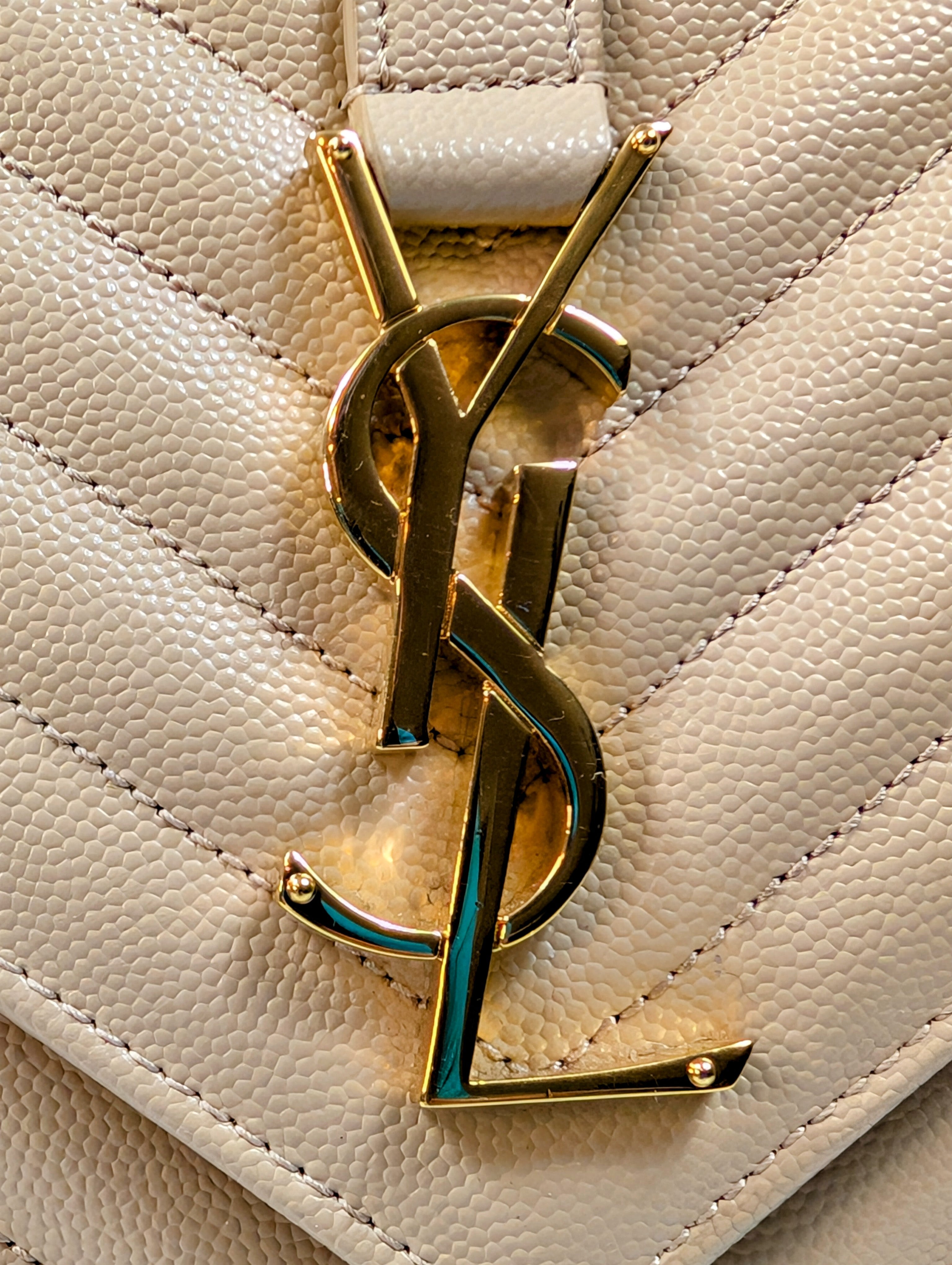 YSL Saint Laurent Beige Embossed Leather Monogram Matelassé Chain