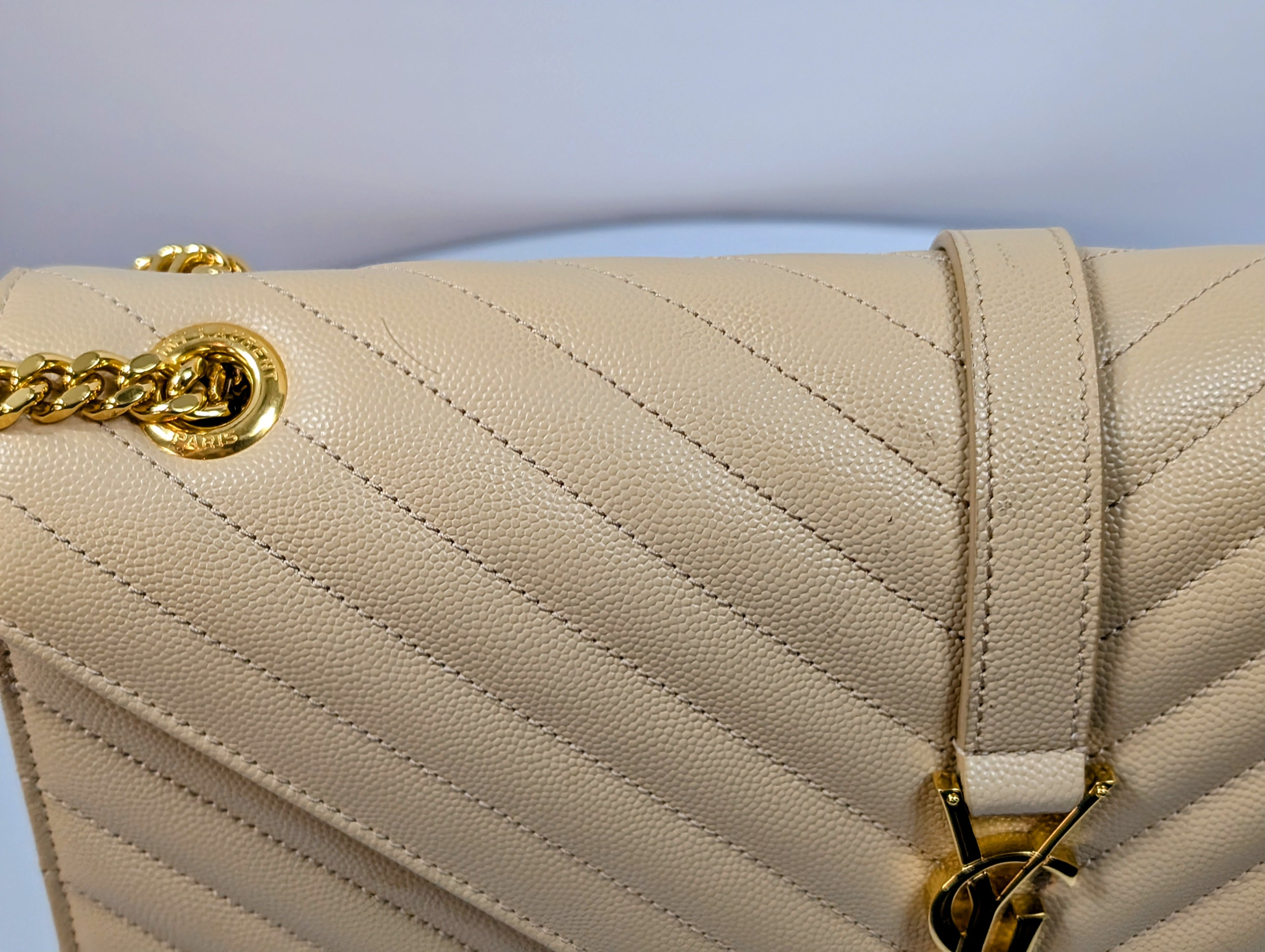 YSL Saint Laurent Beige Embossed Leather Monogram Matelassé Chain