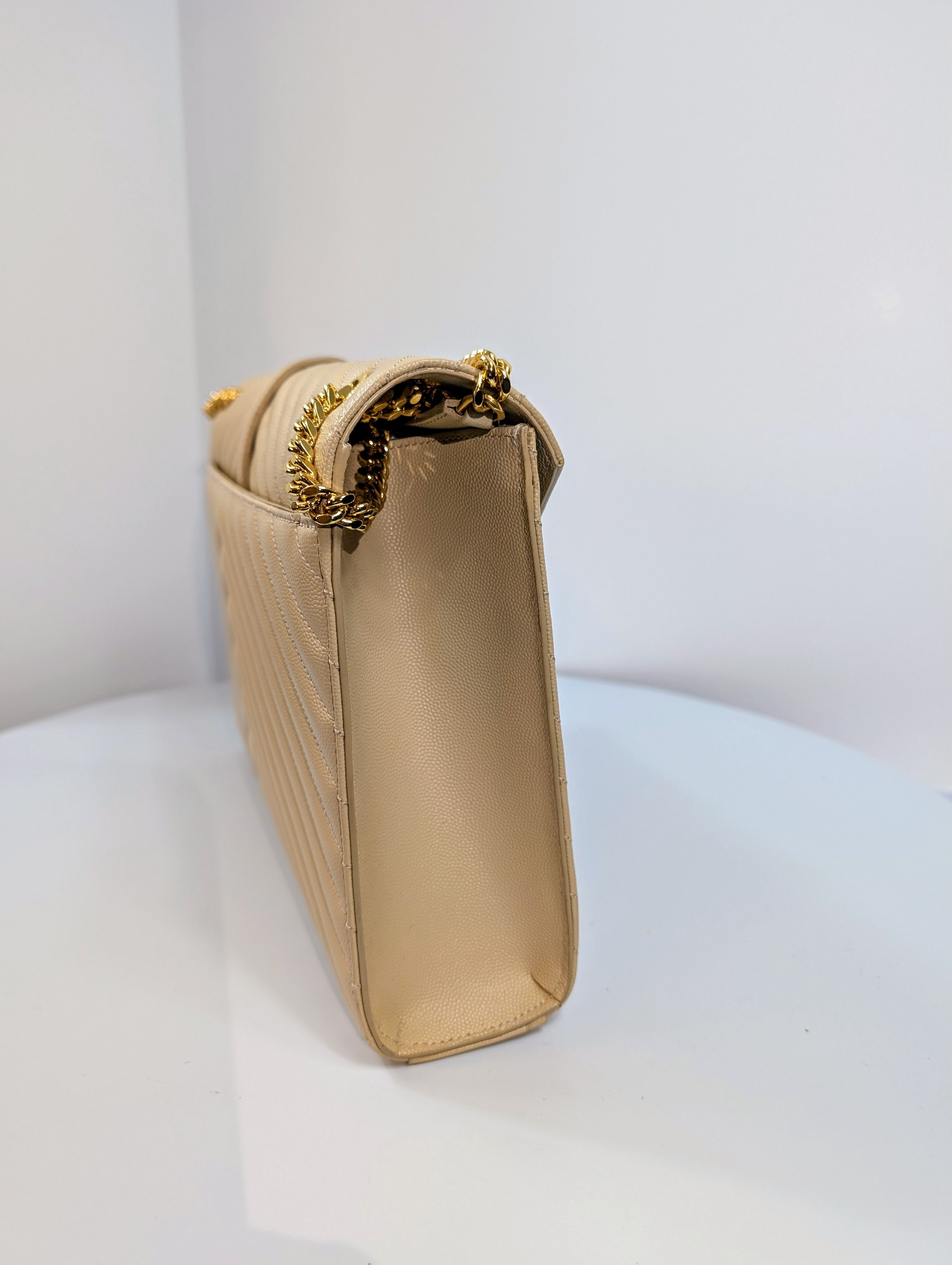 YSL Saint Laurent Beige Embossed Leather Monogram Matelassé Chain