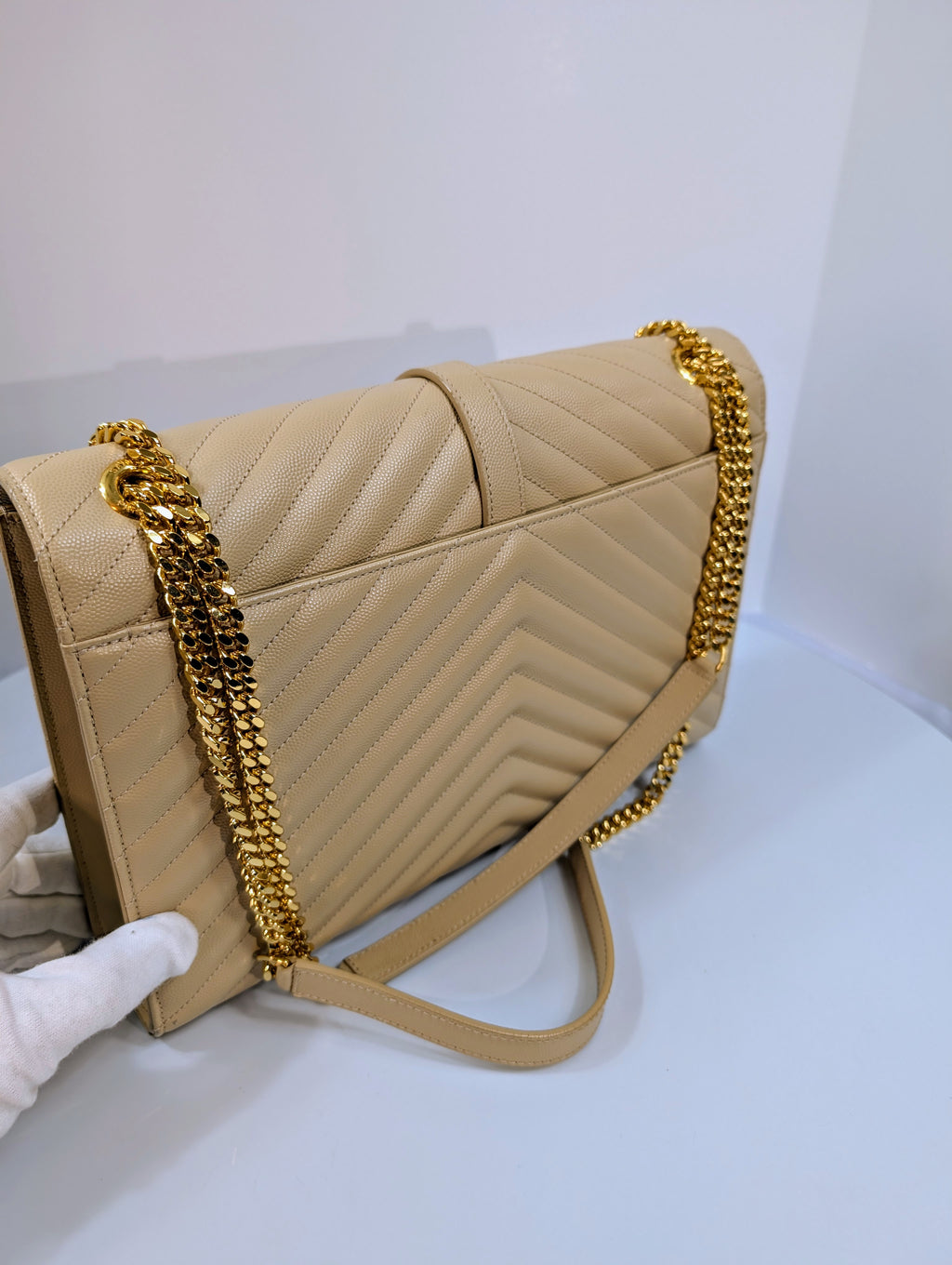 YSL Saint Laurent Beige Embossed Leather Monogram Matelassé Chain