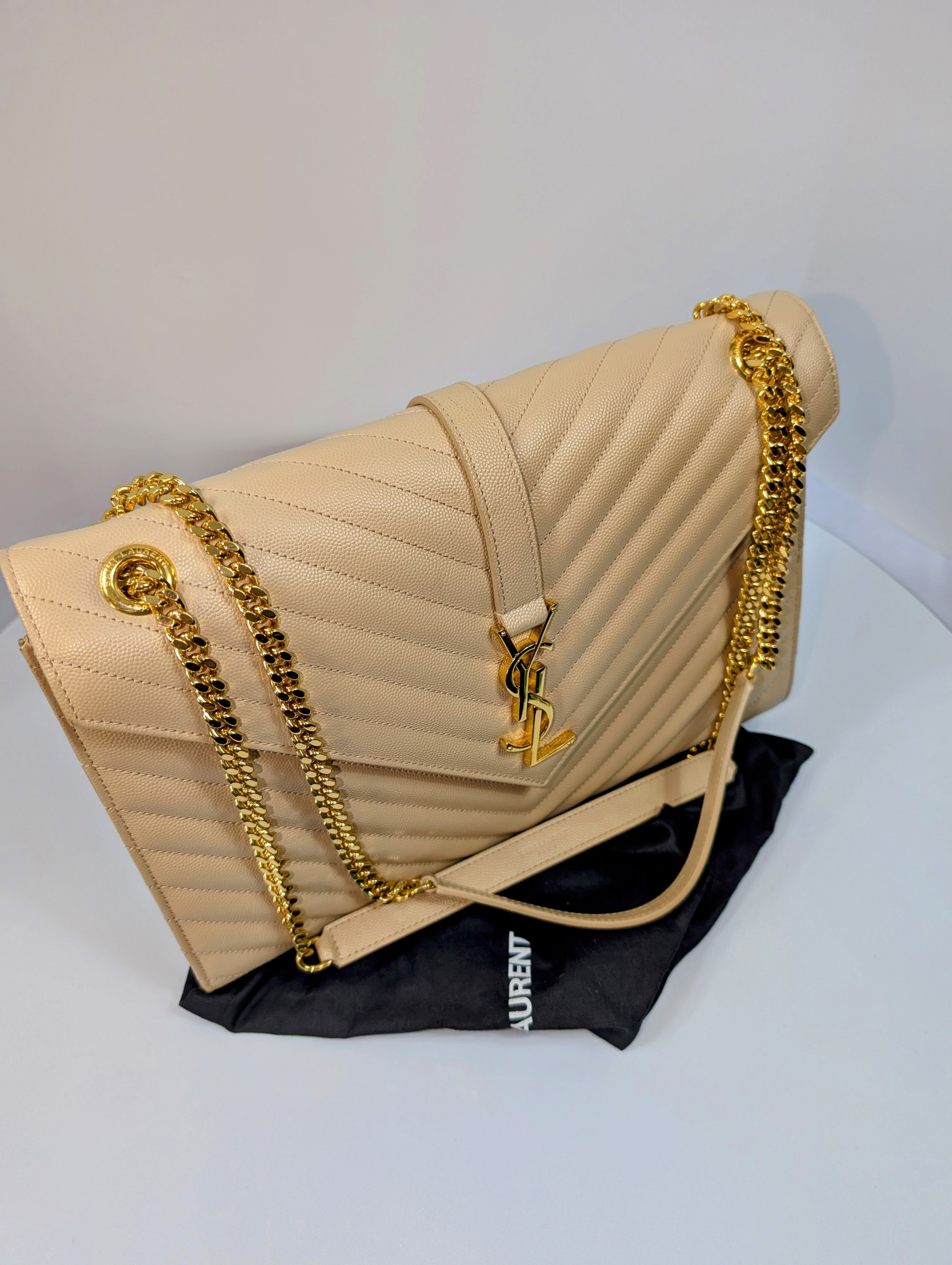 YSL Saint Laurent Beige Embossed Leather Monogram Matelassé Chain
