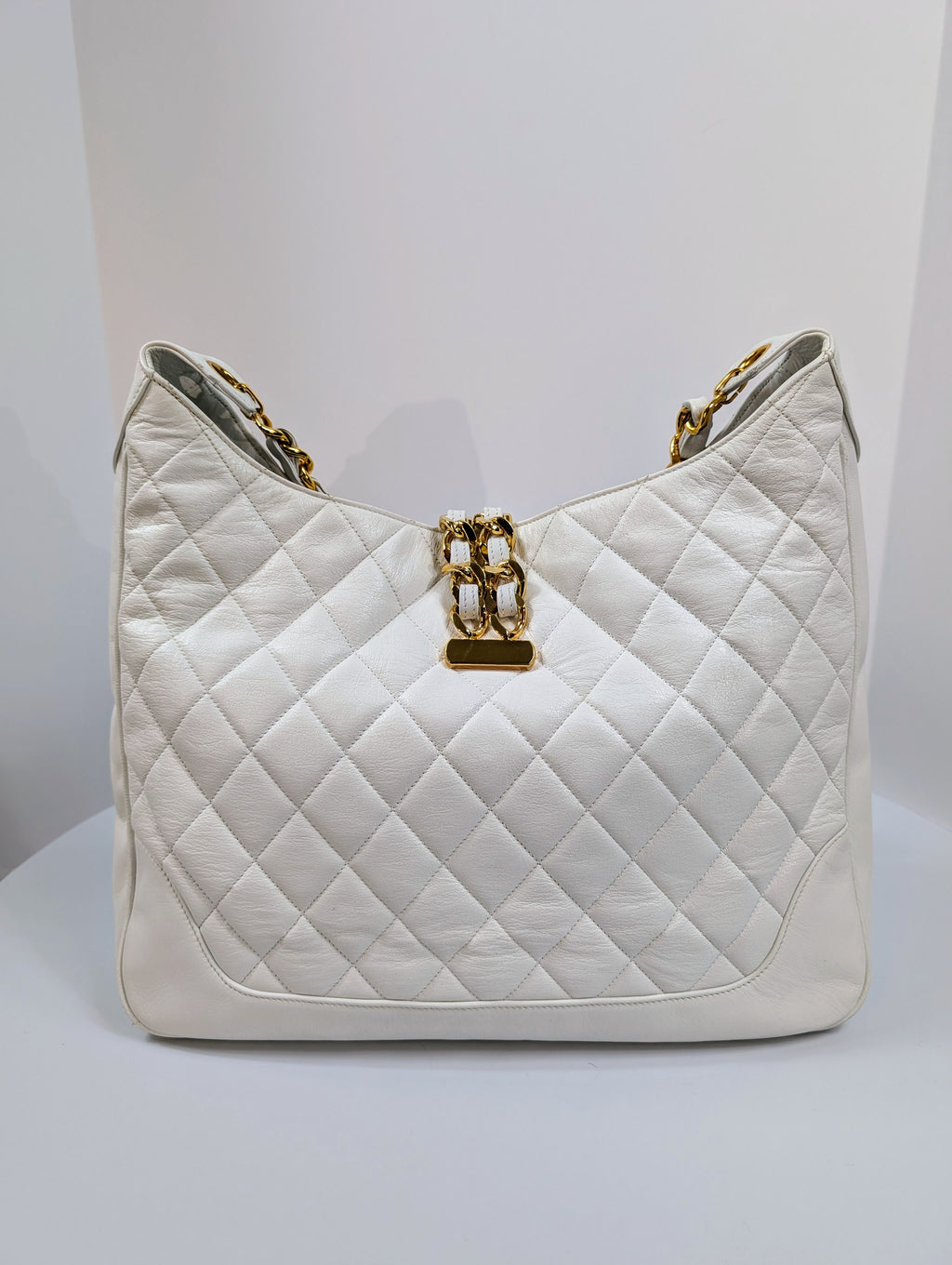 Chanel Rare Vintage White Quilted Lambskin Large Hobo Tote 24k GHW