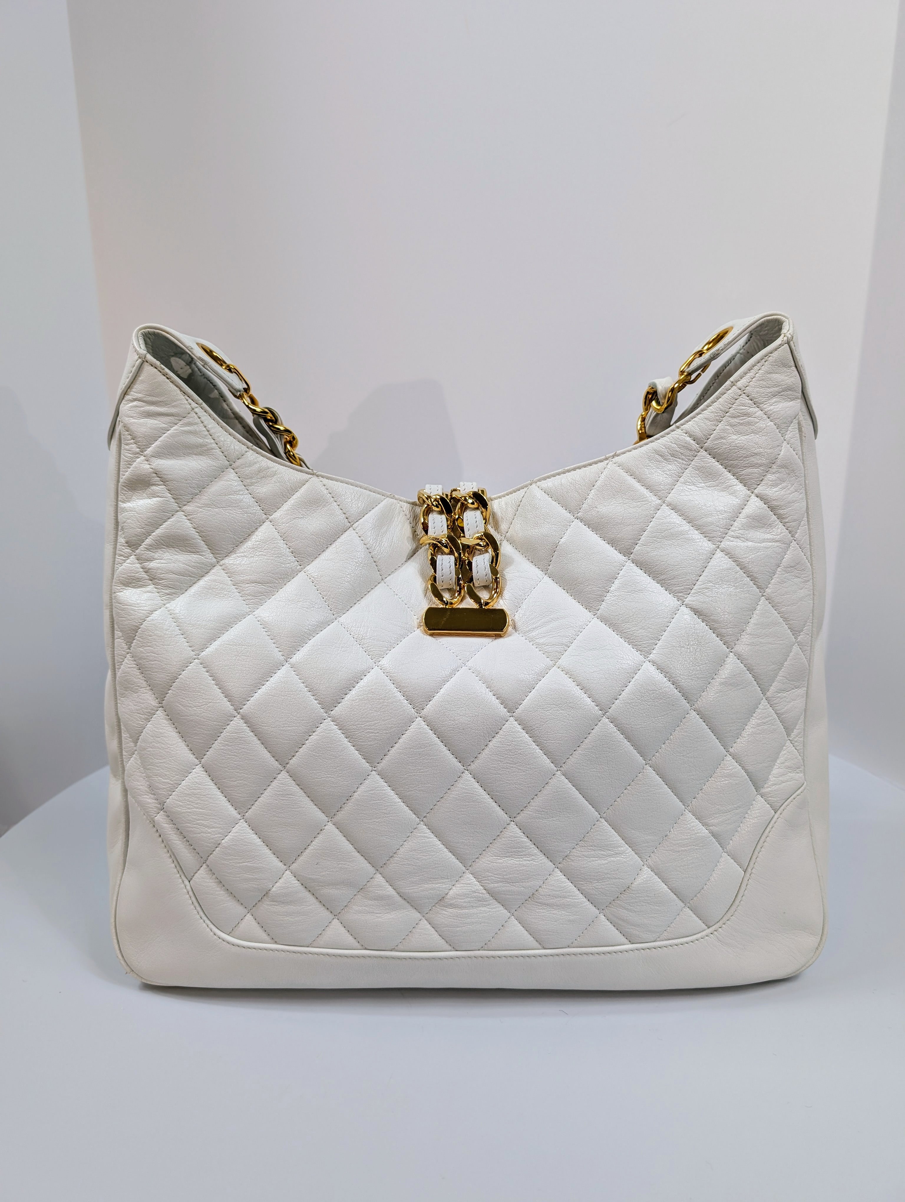 Chanel Rare Vintage White Quilted Lambskin Large Hobo Tote 24k GHW