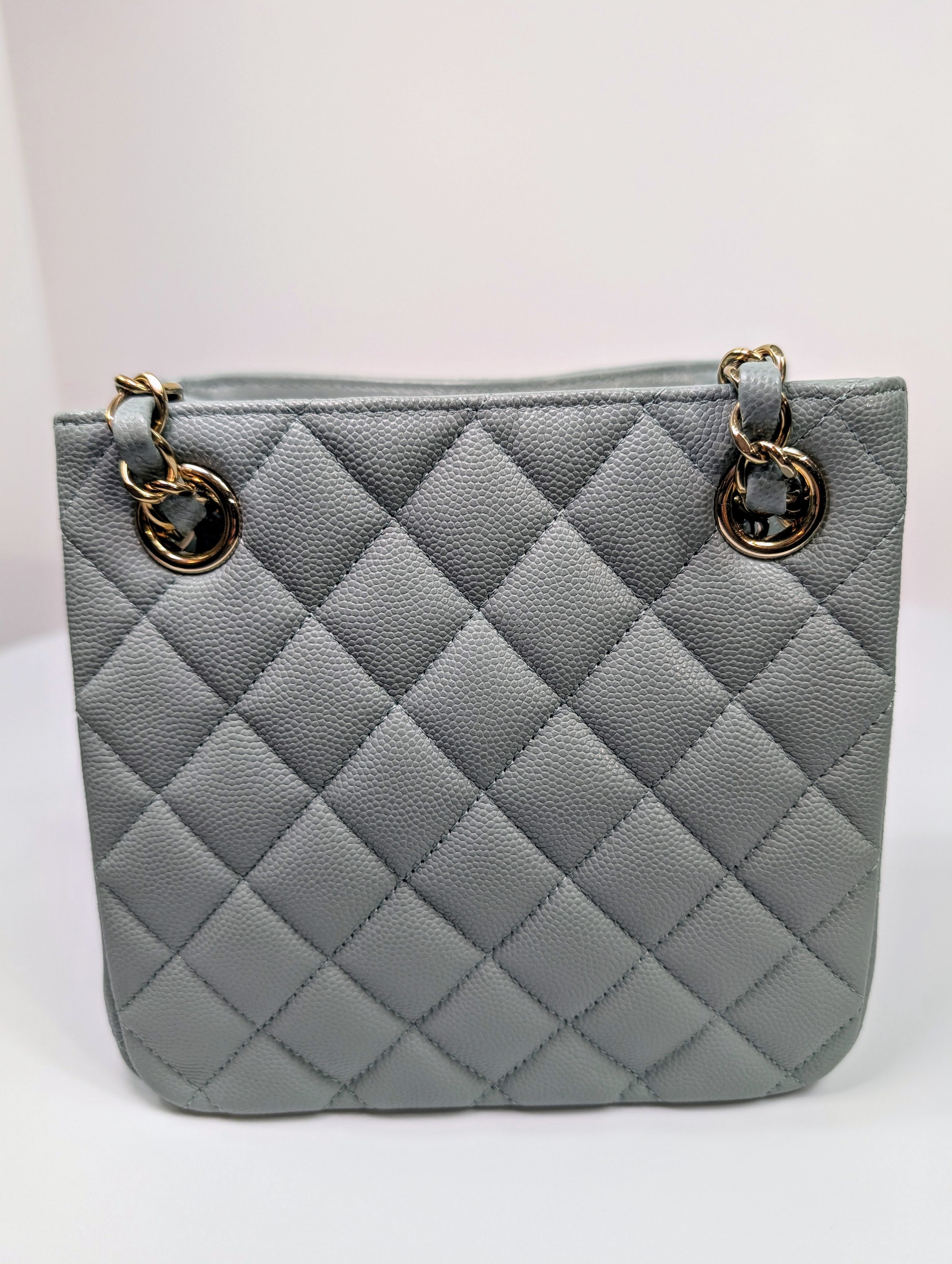 Chanel Rare Light Grey Quilted Caviar Leather Small Bucket Drawstring Bag