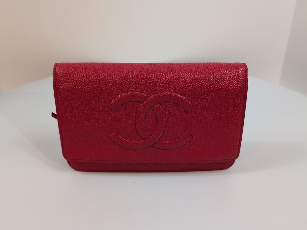 Chanel Red Stitched Logo Wallet on Chain (WOC)