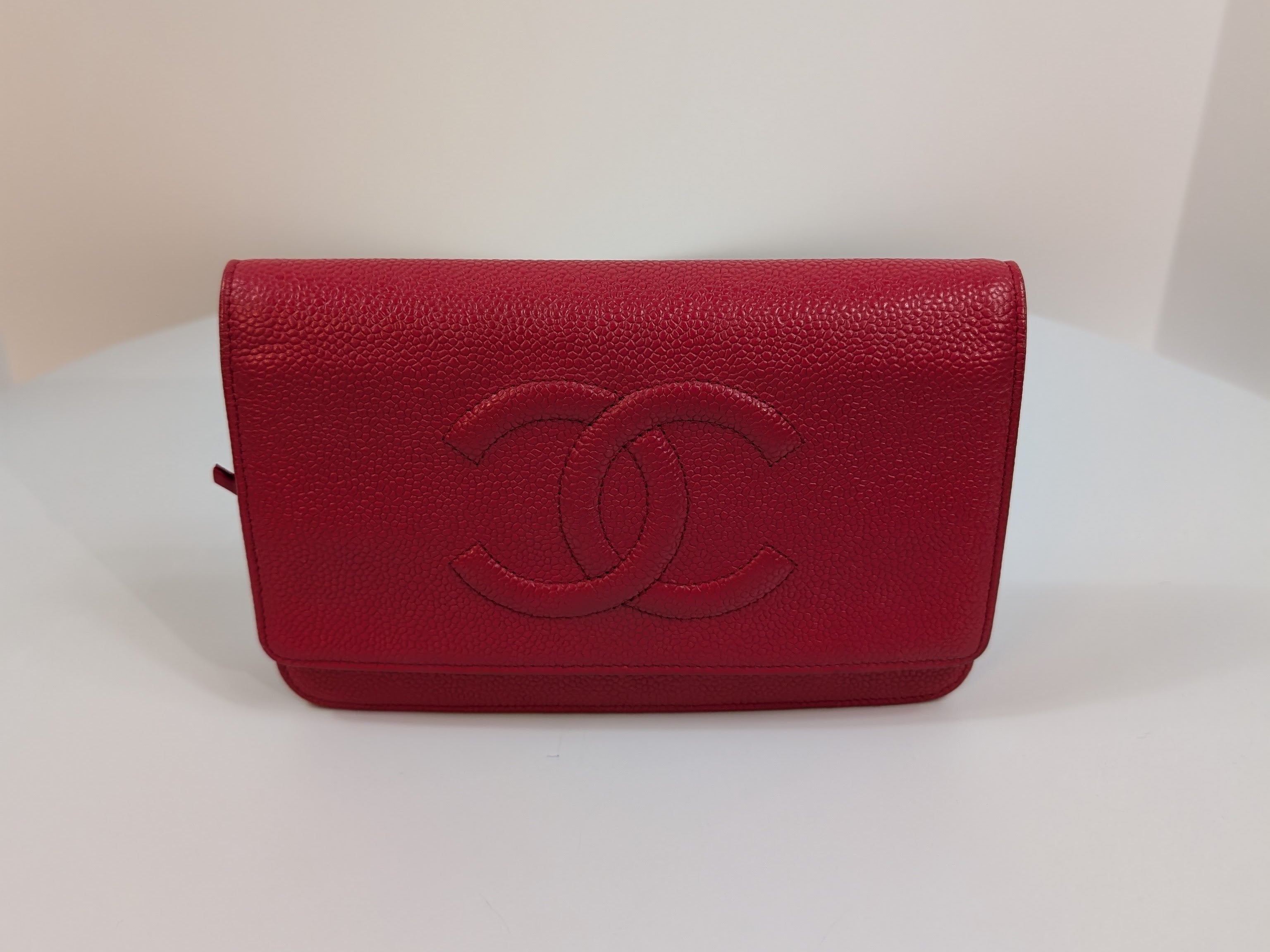 Chanel Red Stitched Logo Wallet on Chain (WOC)