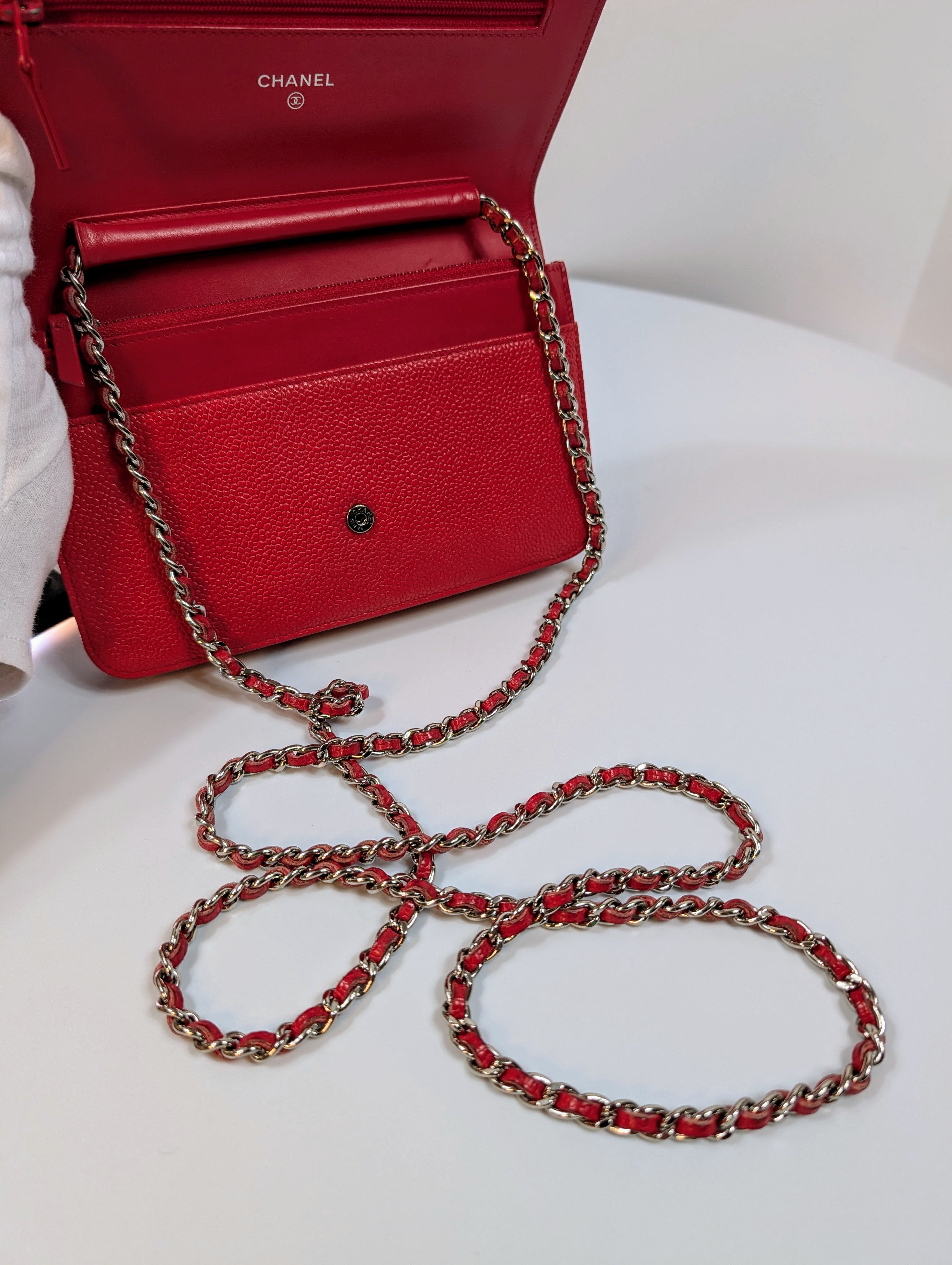 Chanel Red Stitched Logo Wallet on Chain (WOC)