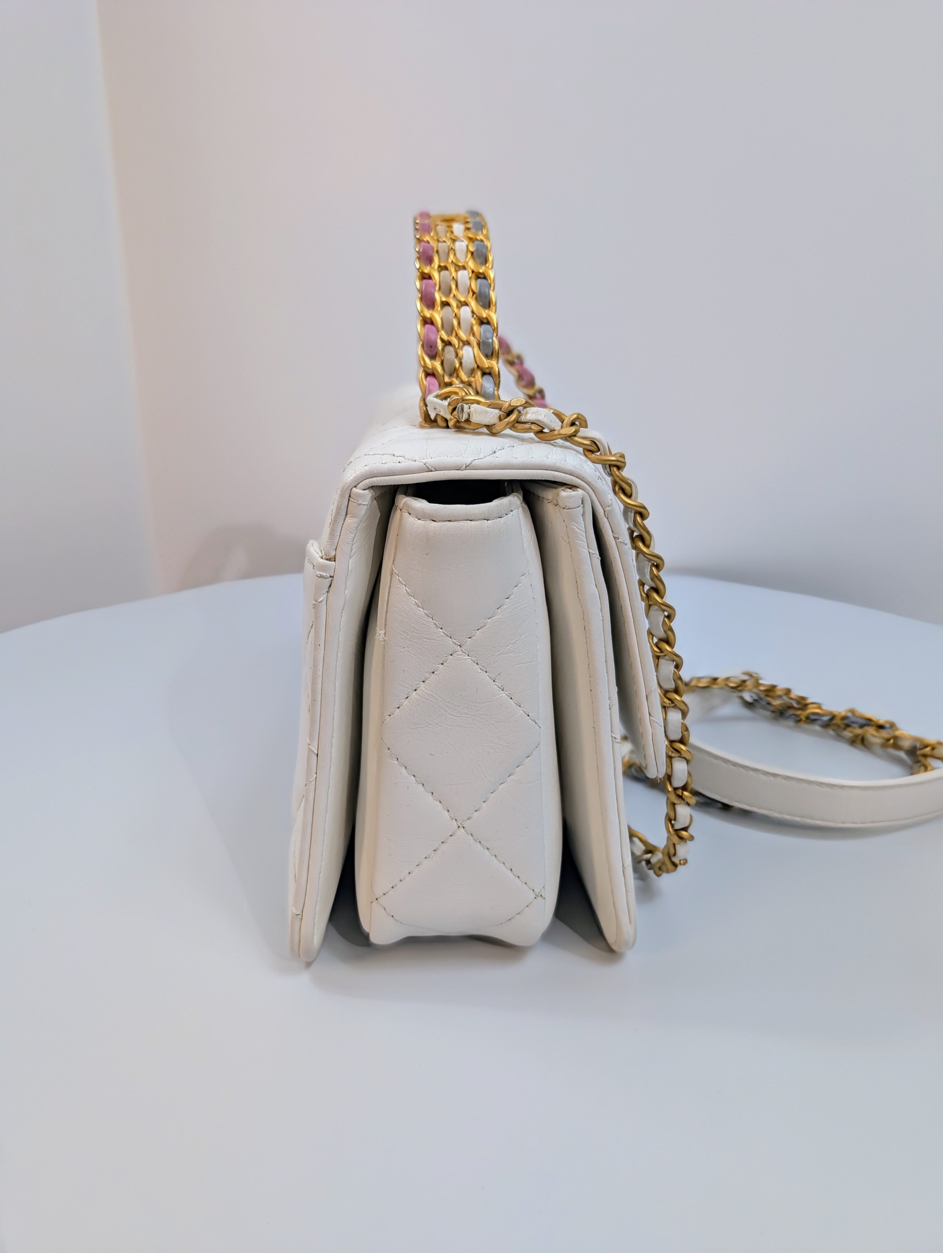 Chanel 19 White Lambskin Small Flap Bag with Pink/Blue Hardware