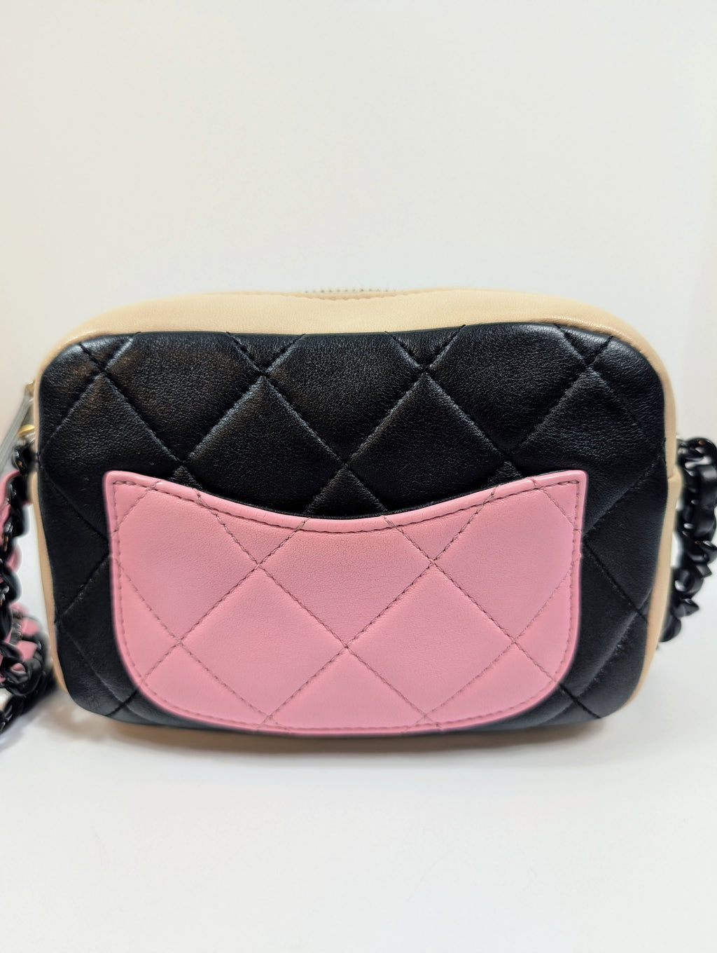 Chanel Tricolor Pink Black Beige Quilted Mini Camera Bag