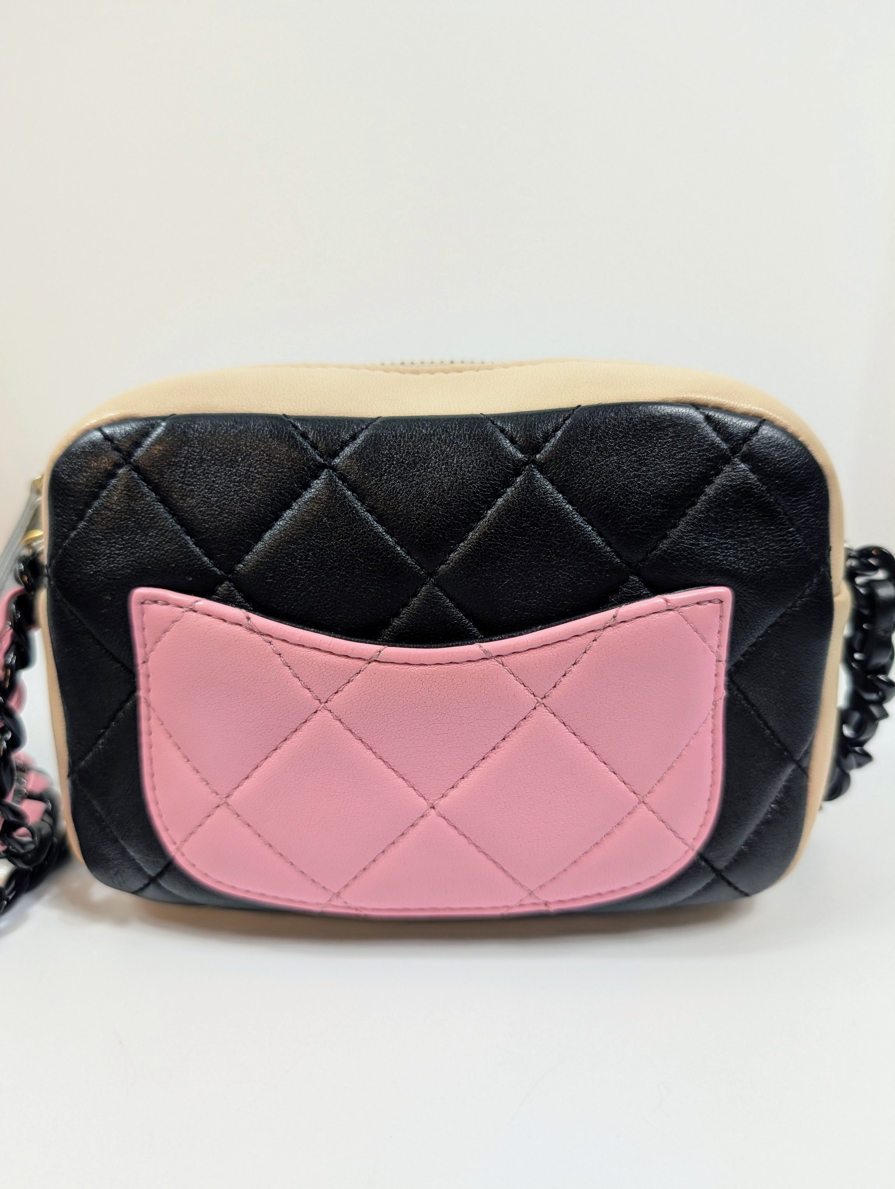 Chanel Tricolor Pink Black Beige Quilted Mini Camera Bag