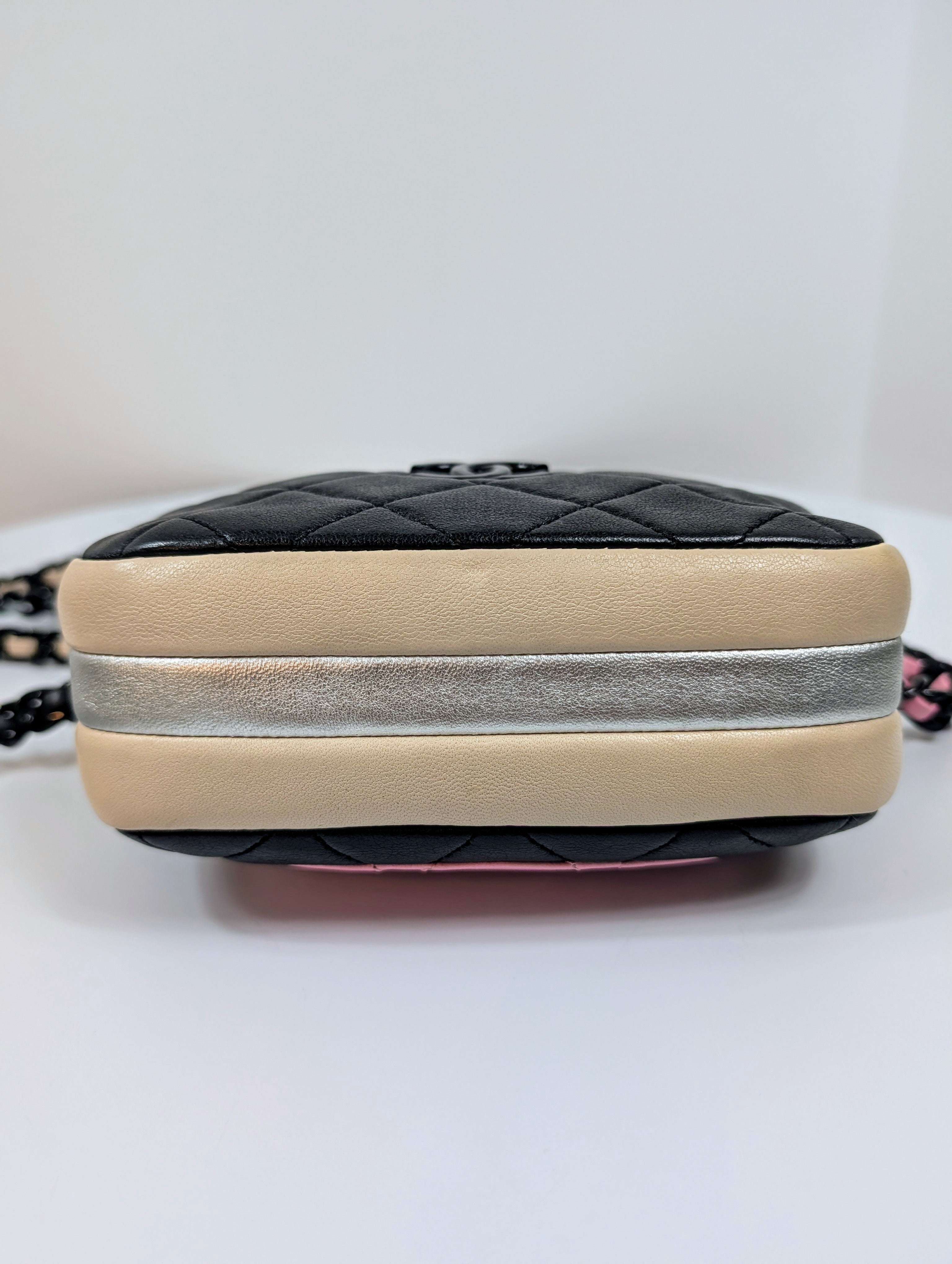 Chanel Tricolor Pink Black Beige Quilted Mini Camera Bag