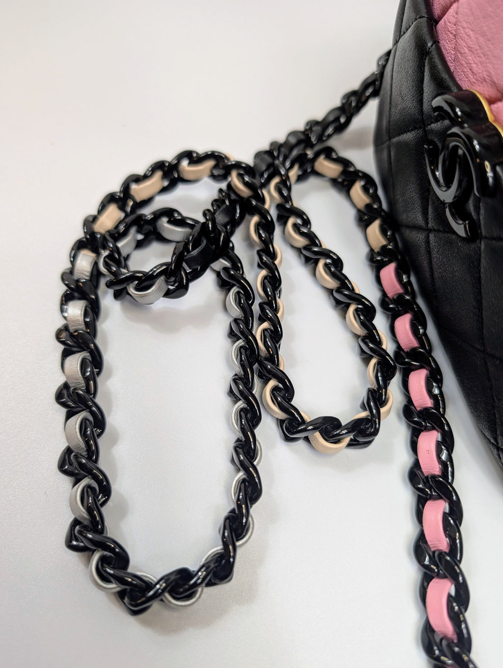 Chanel Tricolor Pink Black Beige Quilted Mini Camera Bag