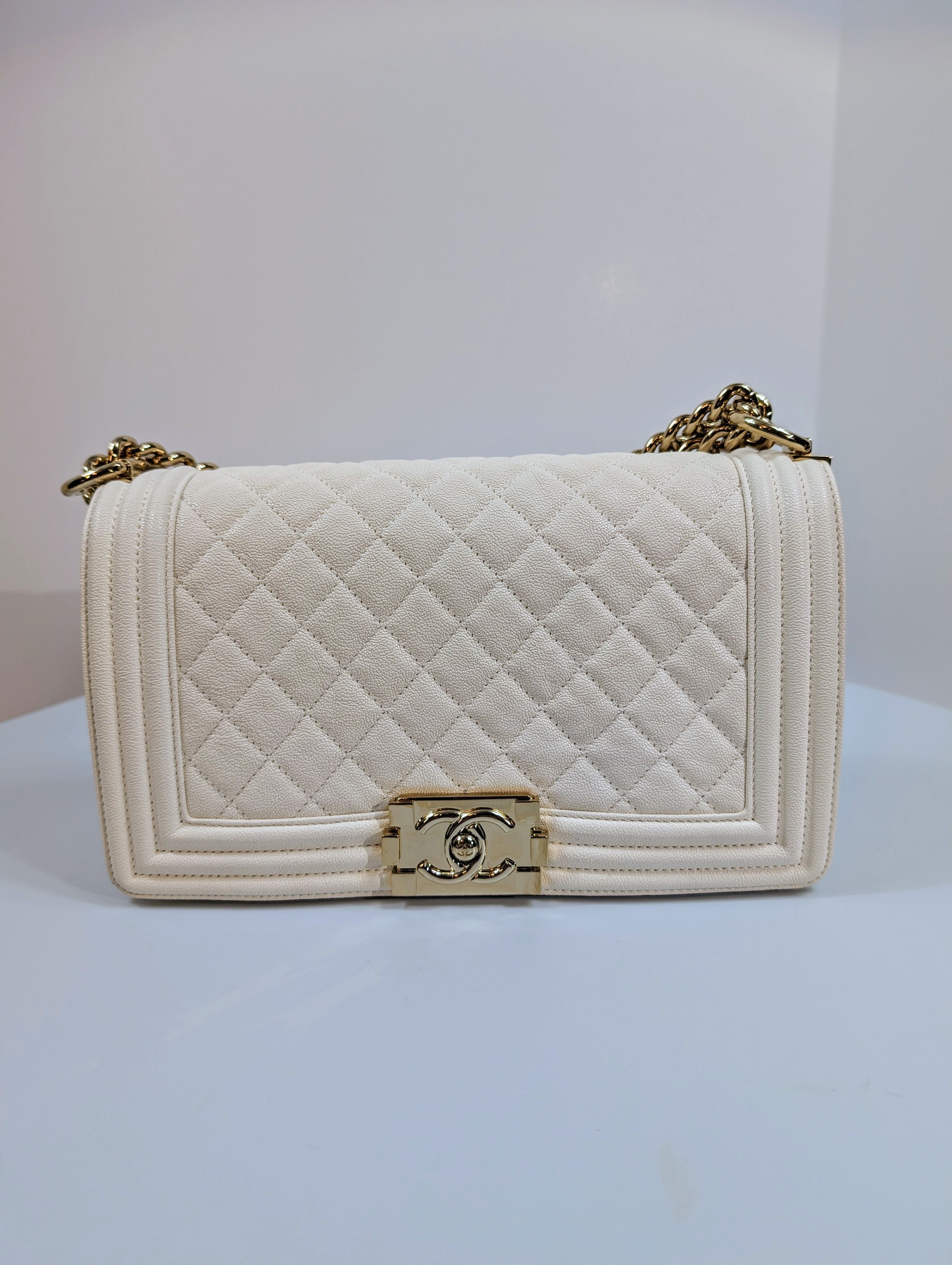 Chanel White Grained Calfskin Medium Boy Flap Bag