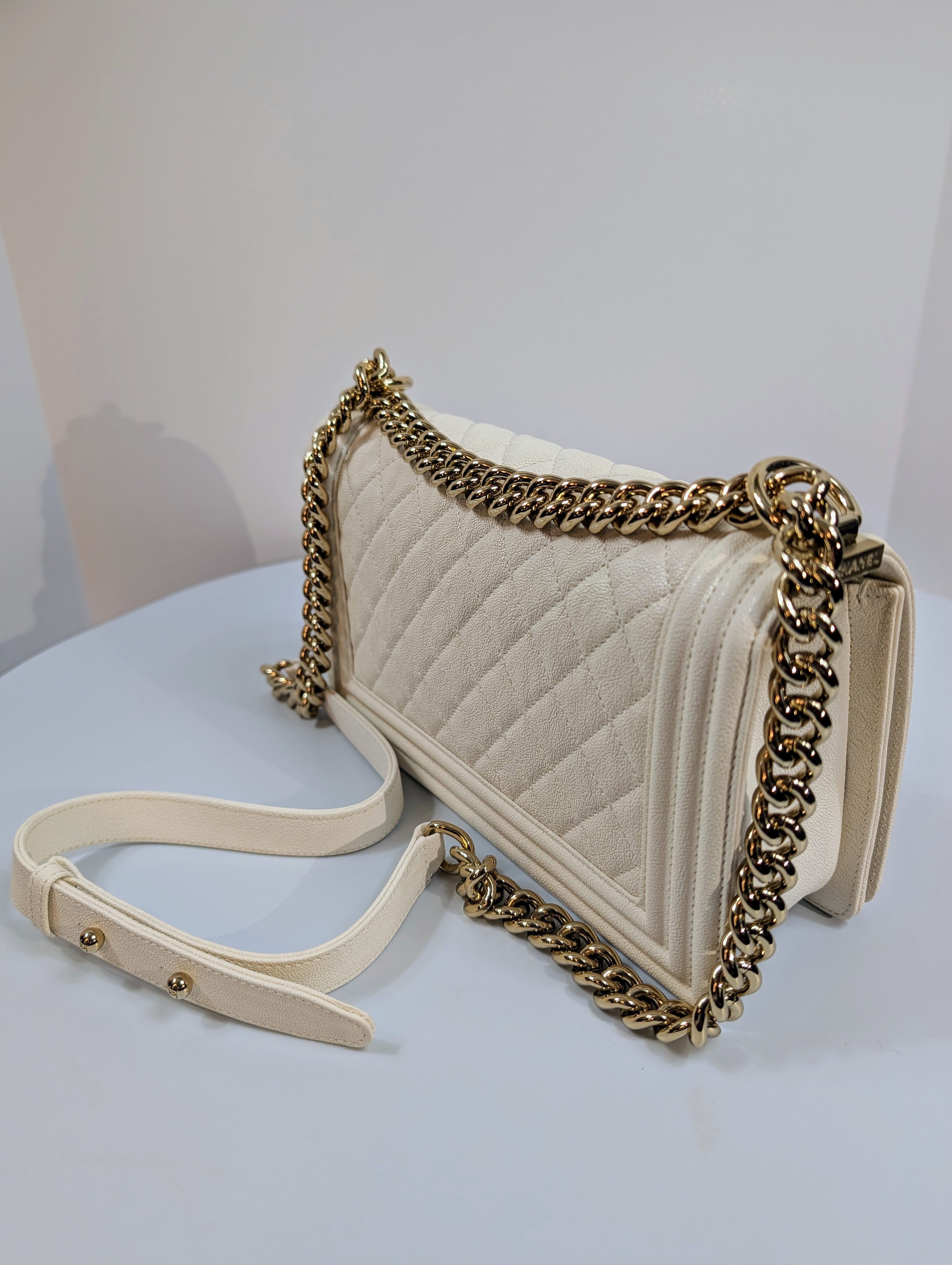 Chanel White Grained Calfskin Medium Boy Flap Bag