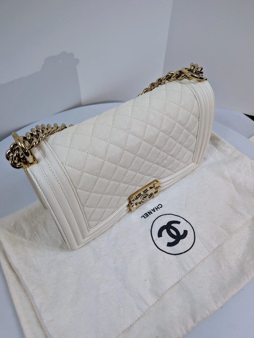 Chanel White Grained Calfskin Medium Boy Flap Bag