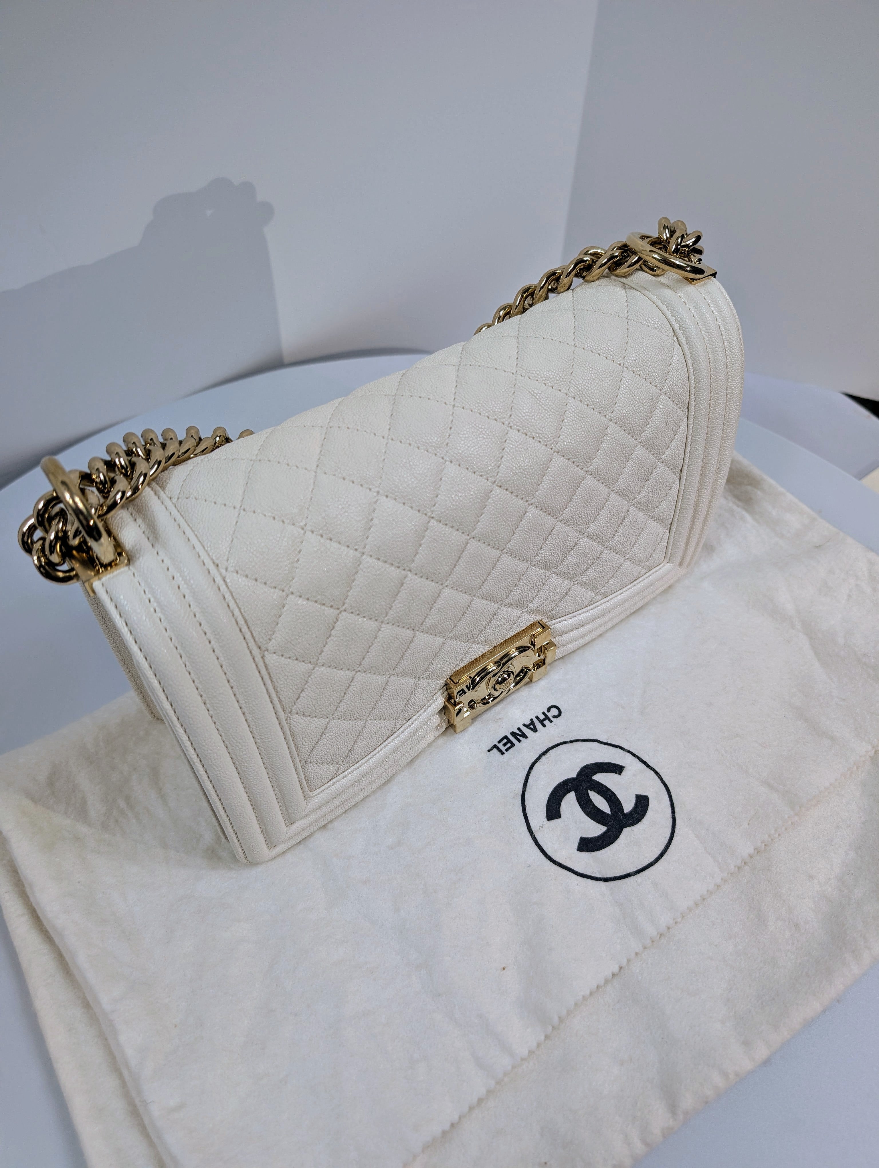 Chanel White Grained Calfskin Medium Boy Flap Bag
