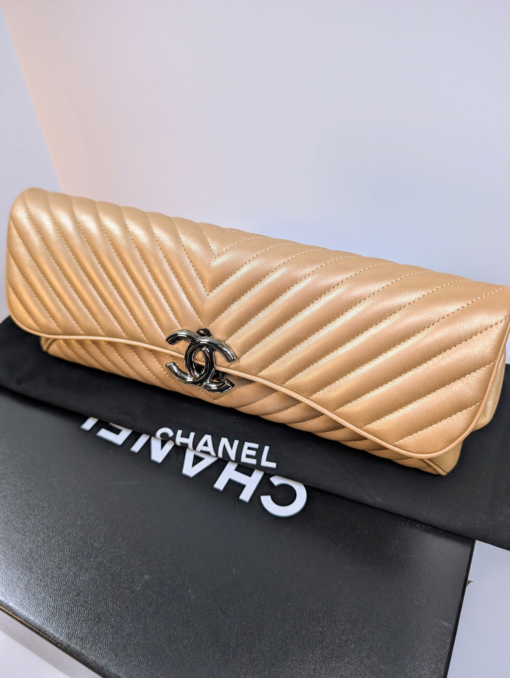 Chanel Rose Gold Classic Chevron Clutch with Chain