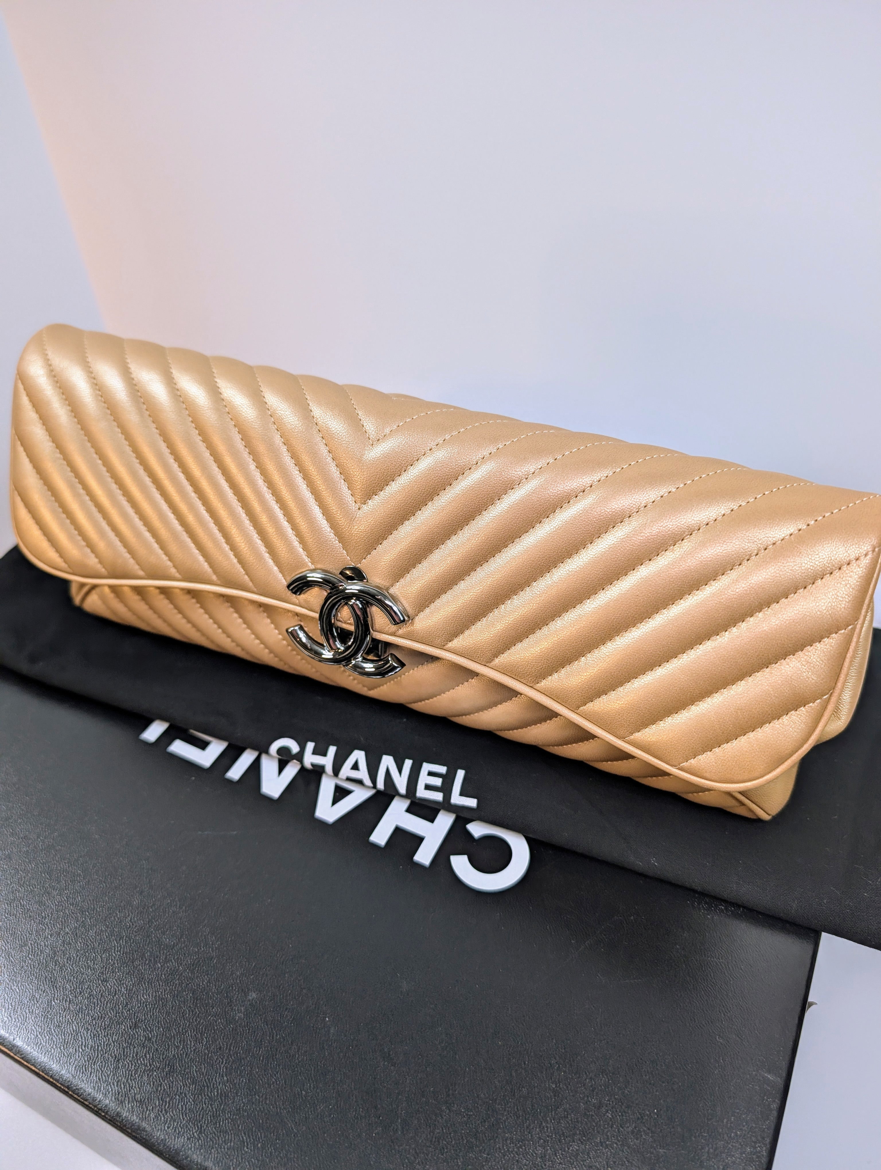 Chanel Rose Gold Classic Chevron Clutch with Chain