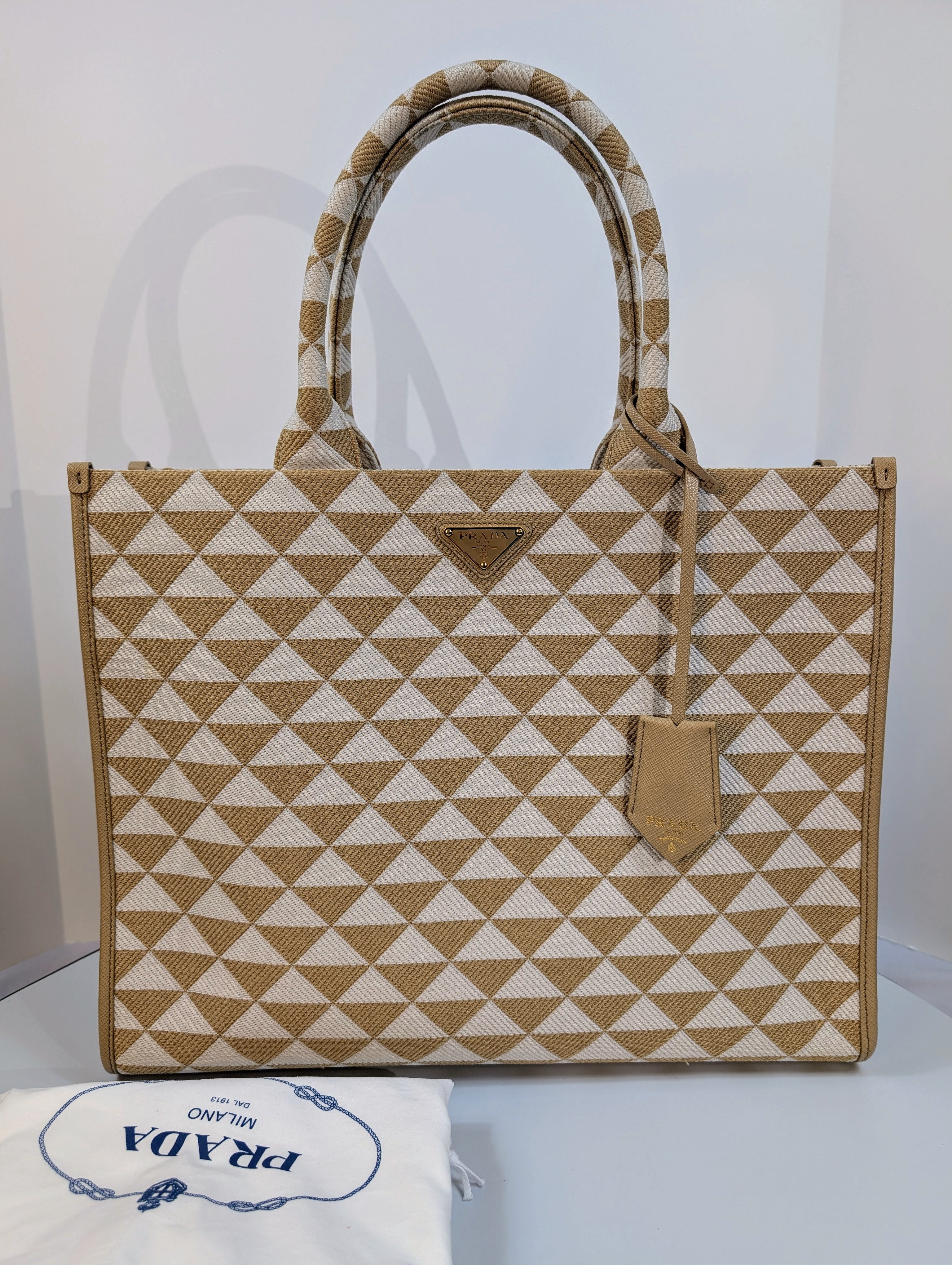 Prada Cream Tan Triangle Pattern Tote with Saffiano Leather
