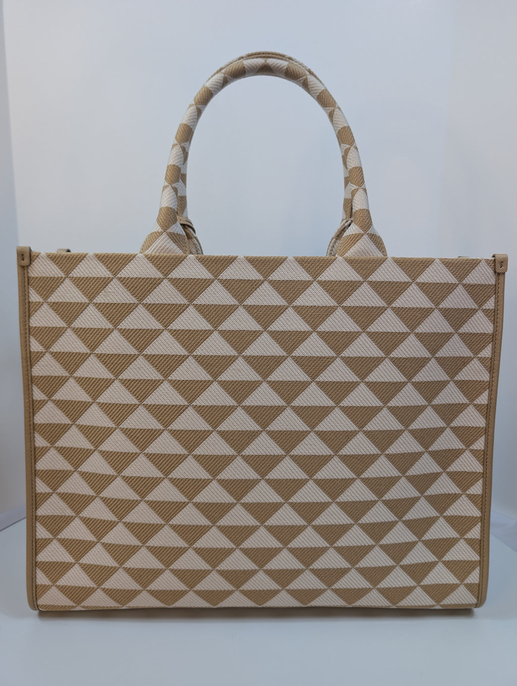 Prada Cream Tan Triangle Pattern Tote with Saffiano Leather Trim