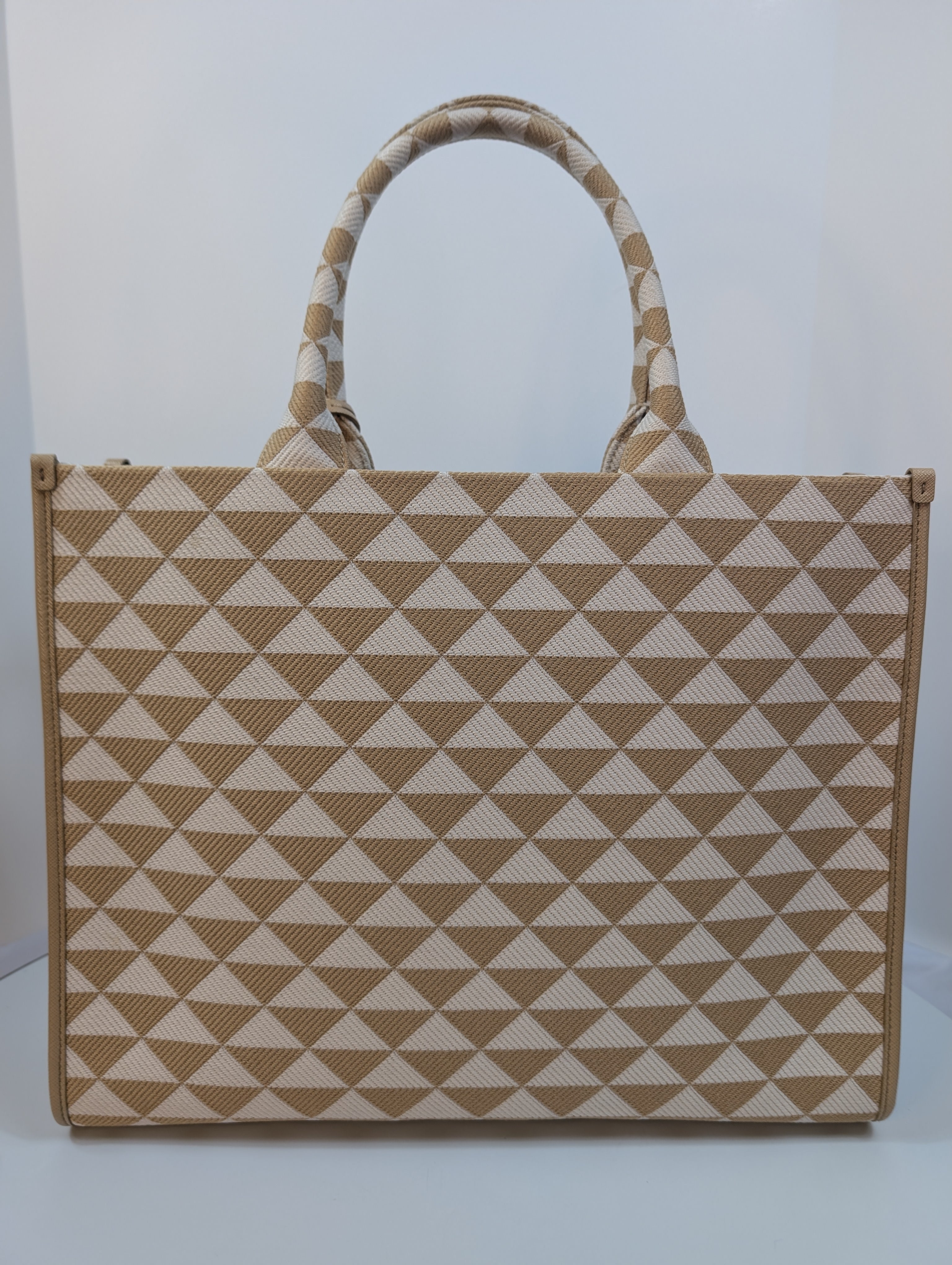 Prada Cream Tan Triangle Pattern Tote with Saffiano Leather Trim