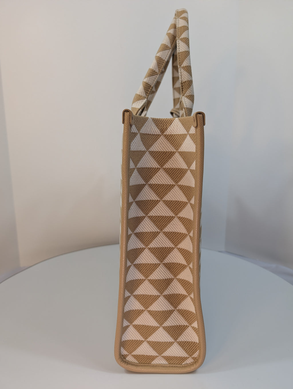 Prada Cream Tan Triangle Pattern Tote with Saffiano Leather Trim