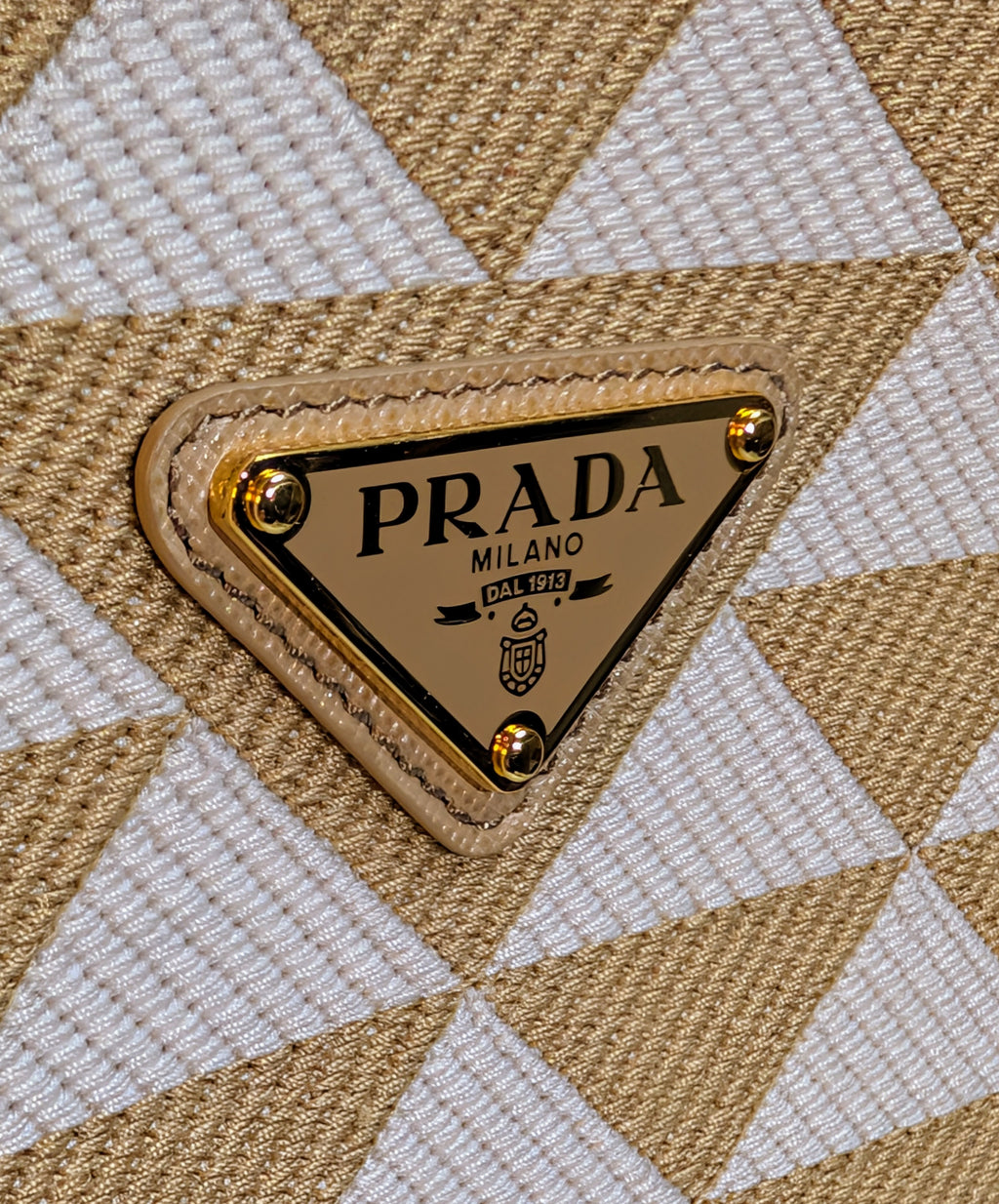 Prada Cream Tan Triangle Pattern Tote with Saffiano Leather Trim