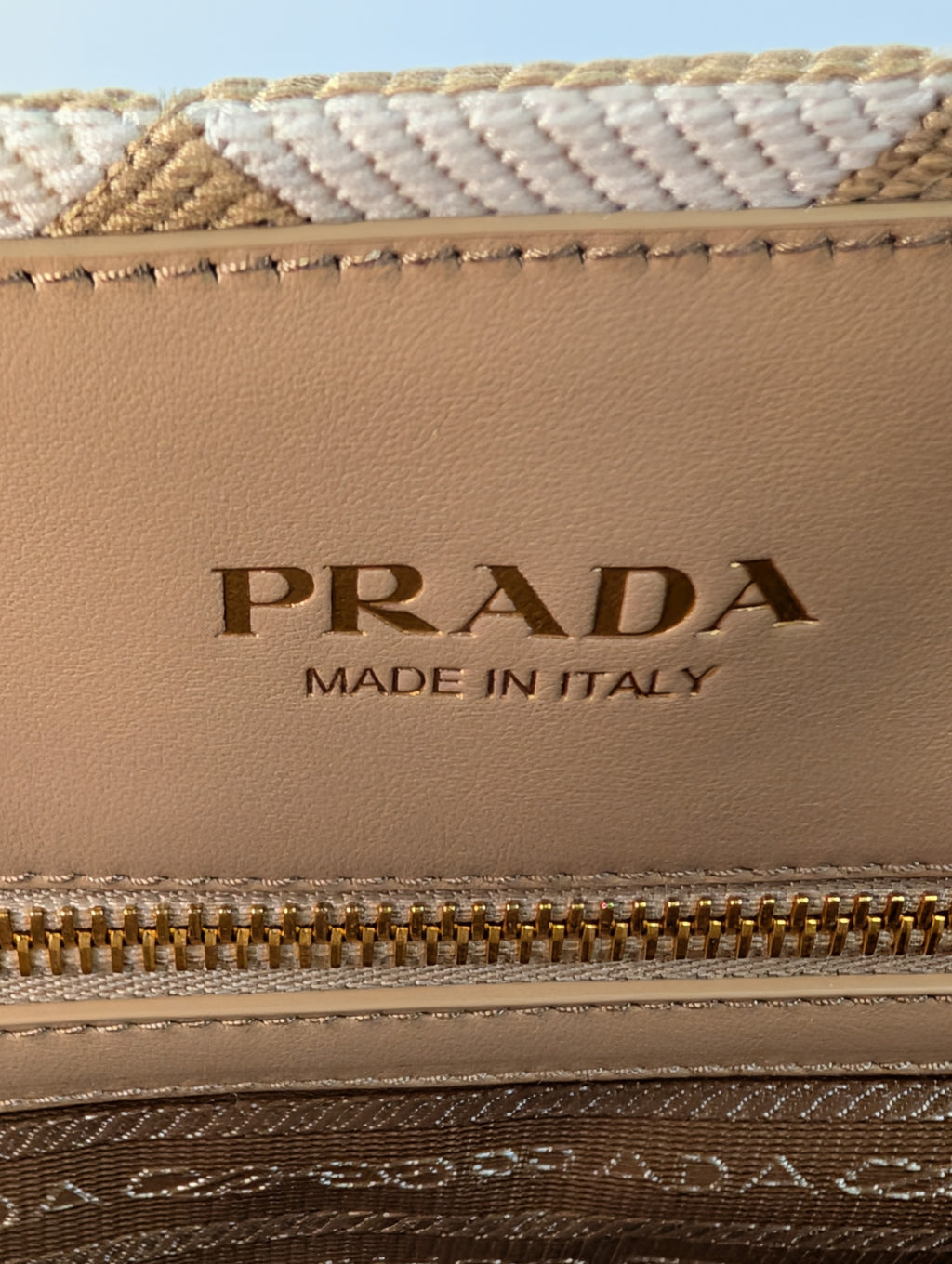 Prada Cream Tan Triangle Pattern Tote with Saffiano Leather Trim