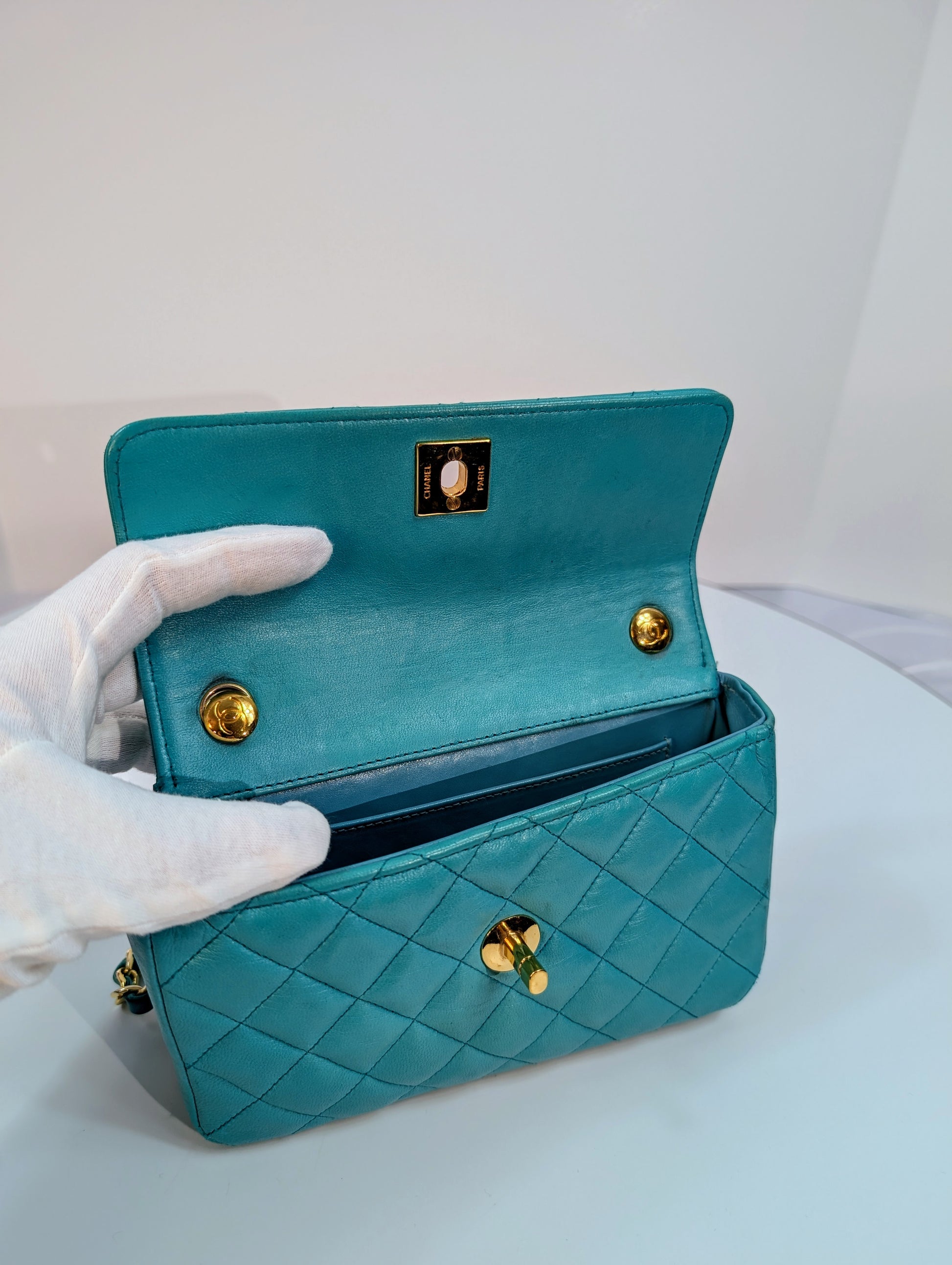 Chanel Vintage Teal Mini Rectangular Classic Flap Bag
