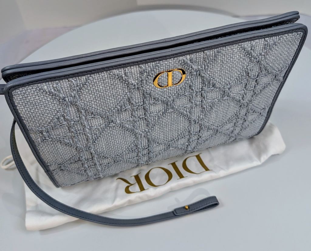 Christian Dior Raffia Cannage Caro Zipped Wristlet