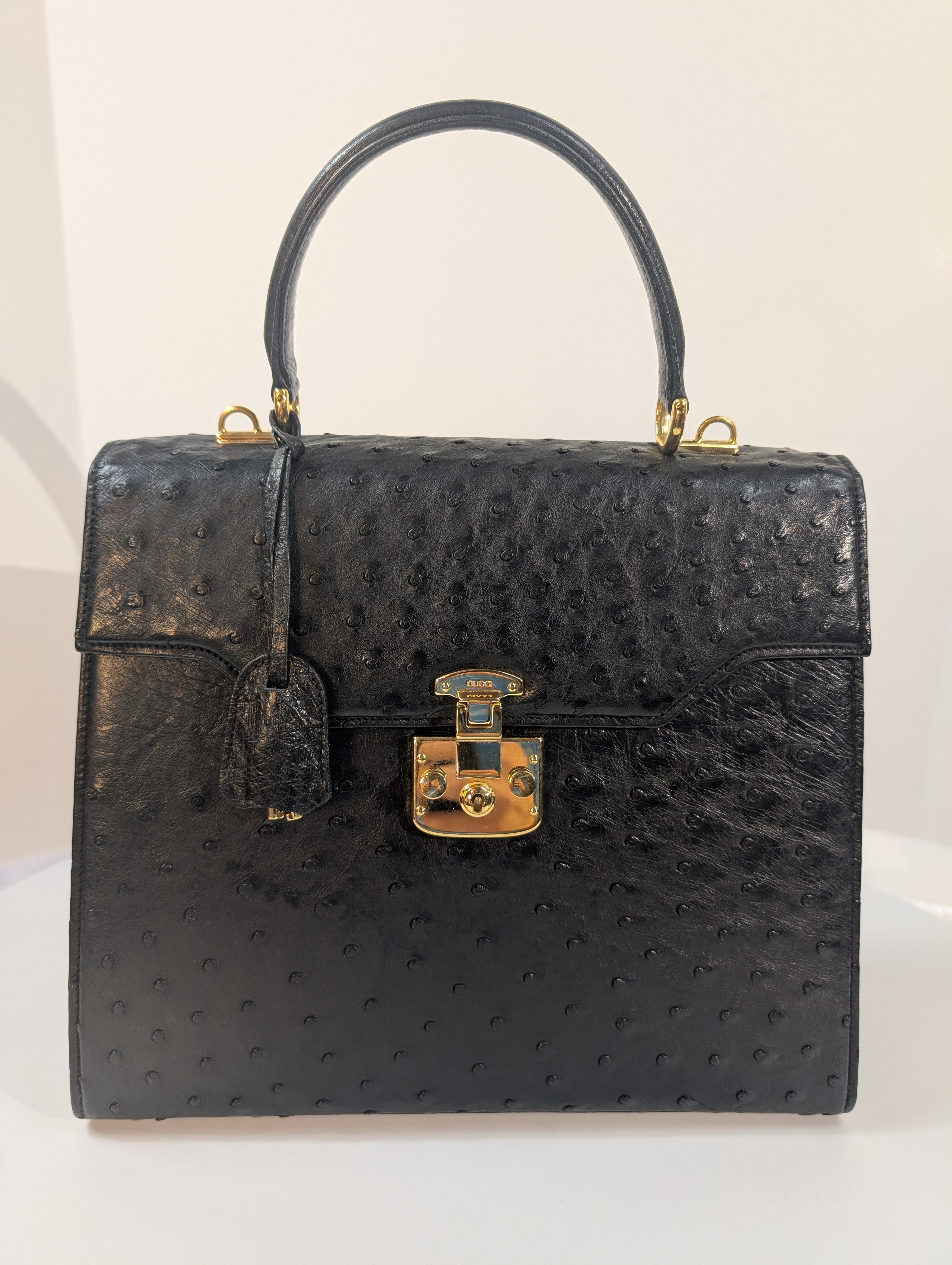 Gucci Rare Black Exotic Ostrich Leather Lady Lock Bag (Full Set)
