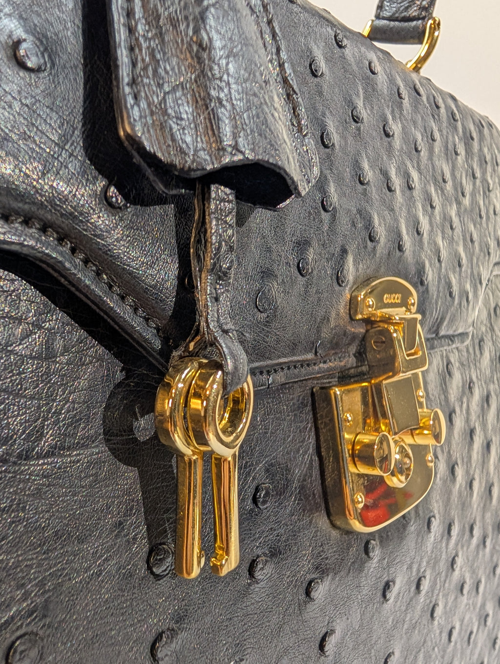 Gucci Rare Black Exotic Ostrich Leather Lady Lock Bag (Full Set)
