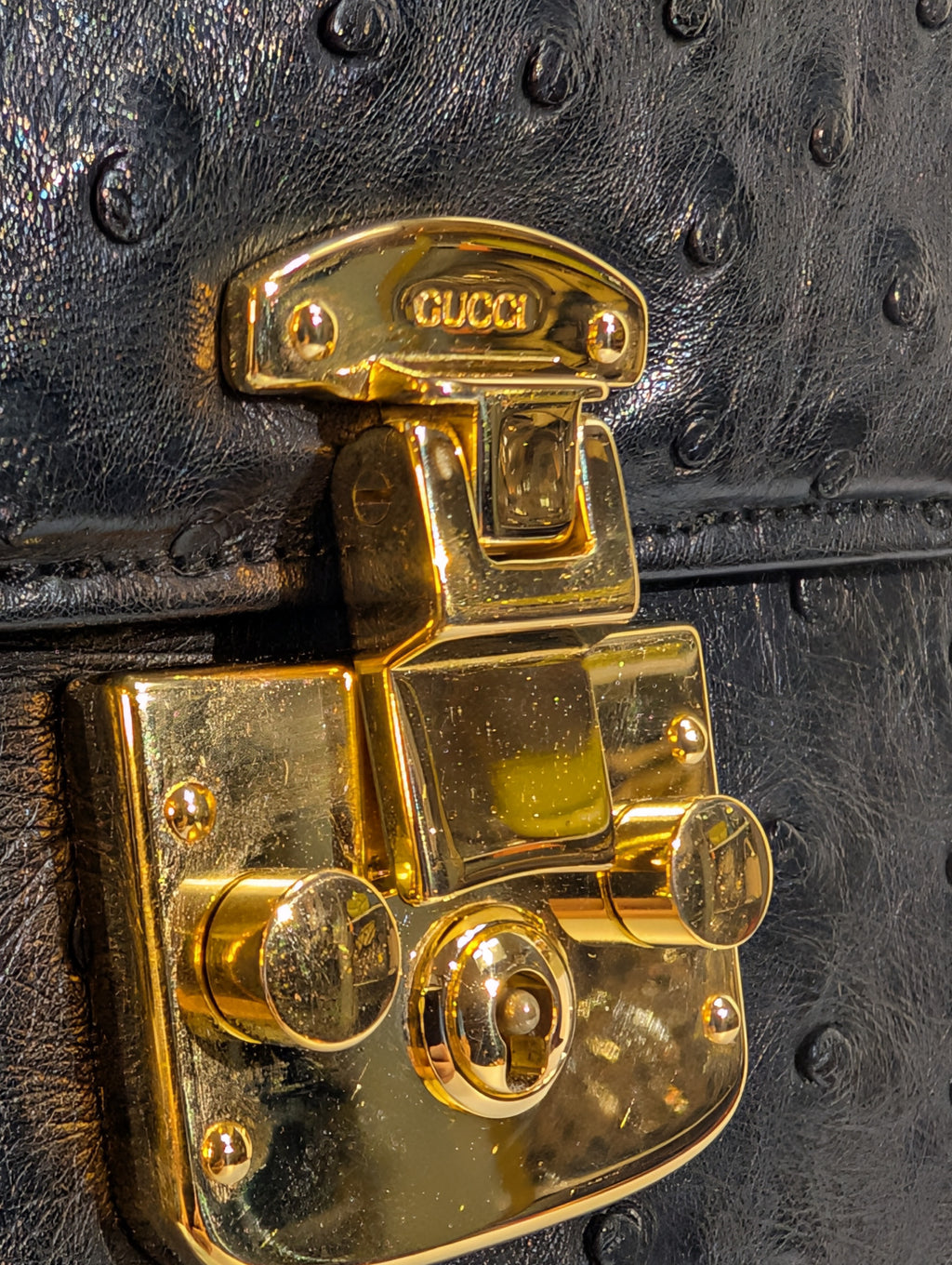 Gucci Rare Black Exotic Ostrich Leather Lady Lock Bag (Full Set)