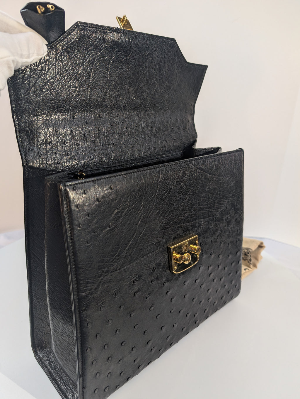Gucci Rare Black Exotic Ostrich Leather Lady Lock Bag (Full Set)