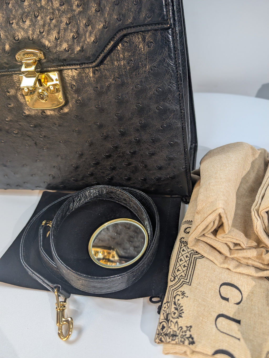 Gucci Rare Black Exotic Ostrich Leather Lady Lock Bag (Full Set)