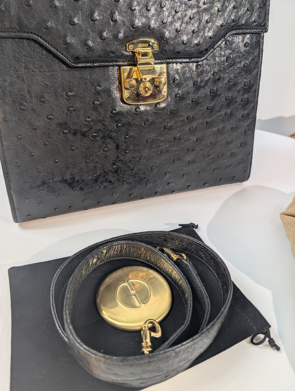 Gucci Rare Black Exotic Ostrich Leather Lady Lock Bag (Full Set)