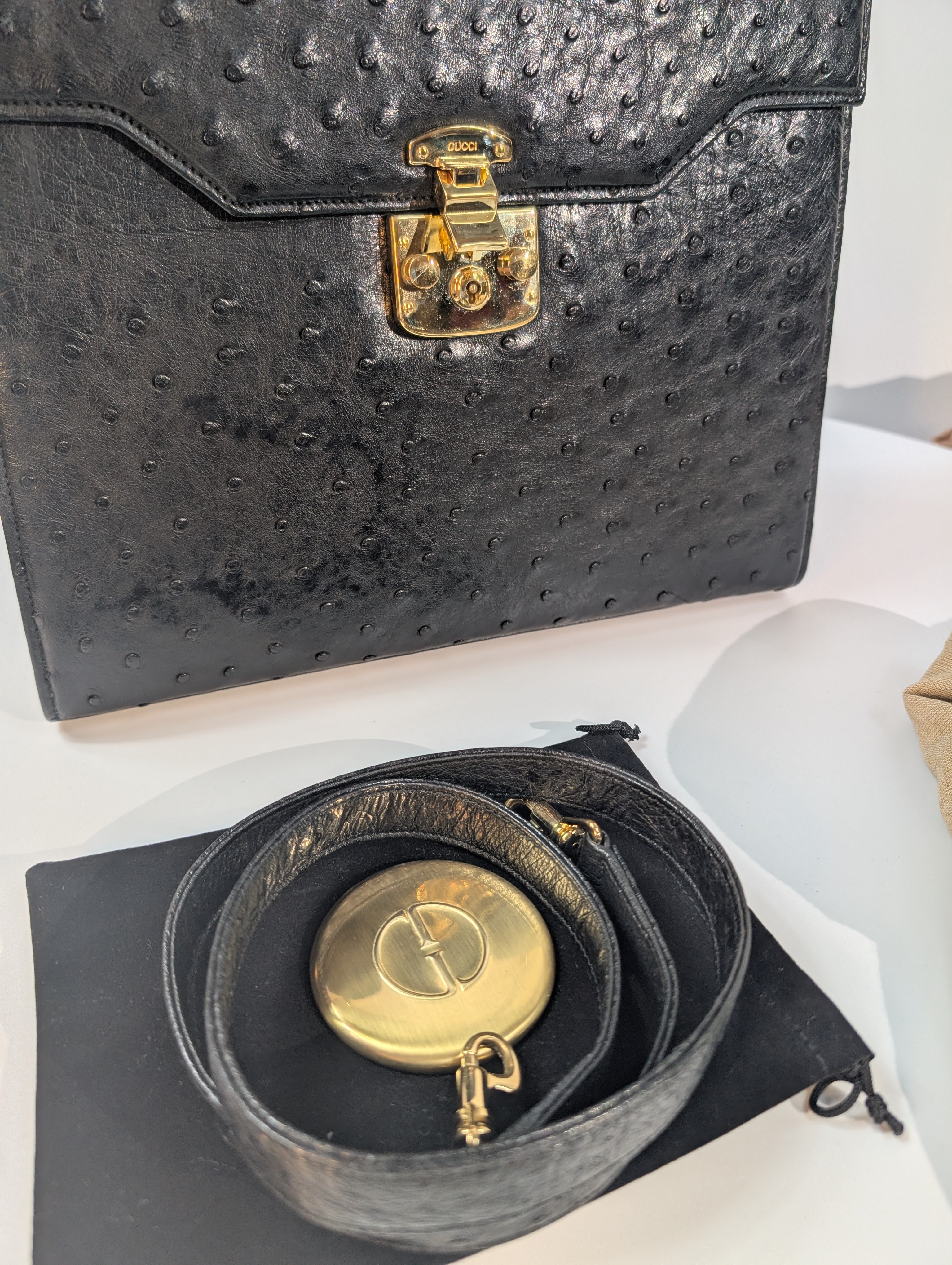 Gucci Rare Black Exotic Ostrich Leather Lady Lock Bag (Full Set)
