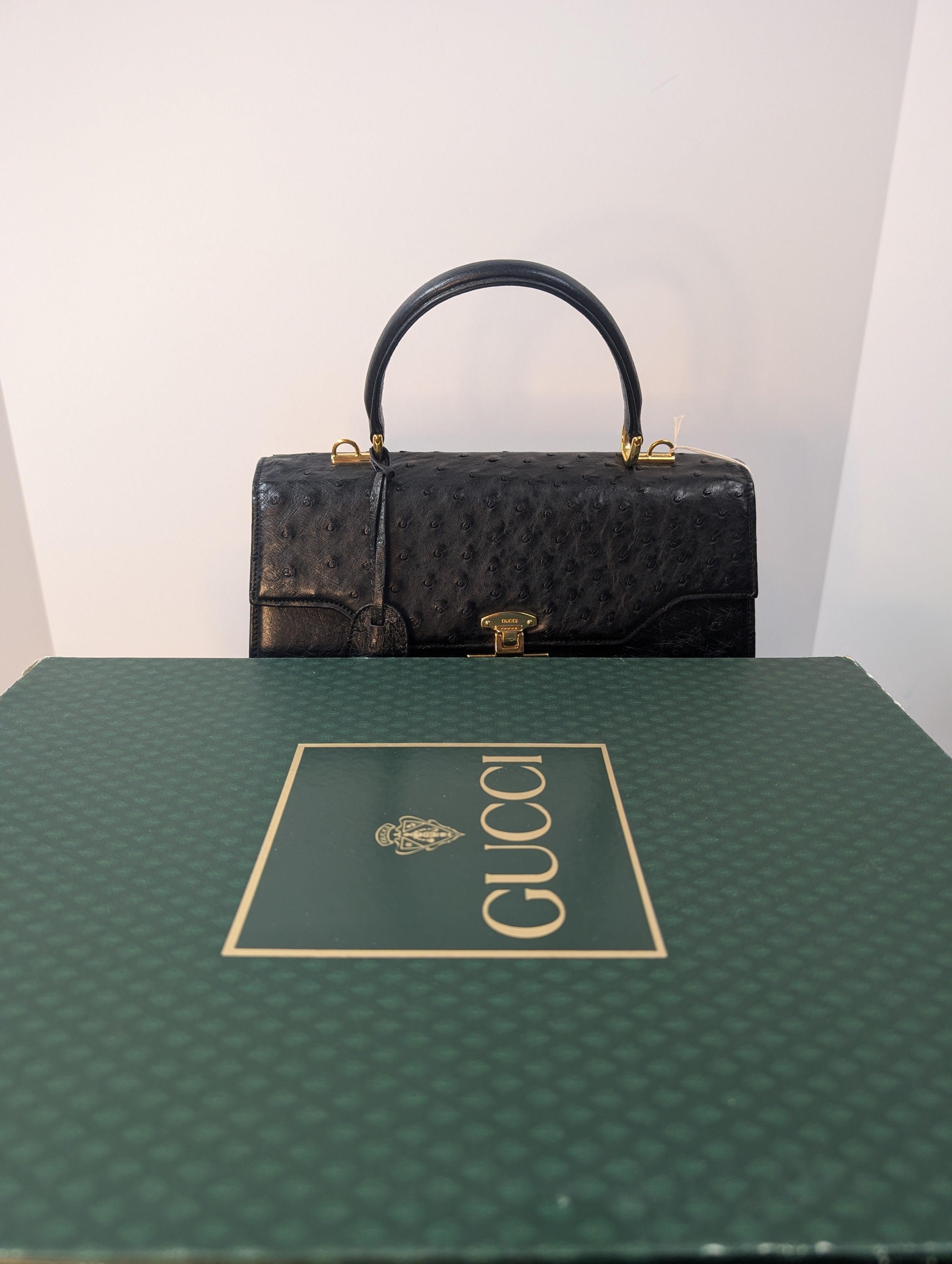 Gucci Rare Black Exotic Ostrich Leather Lady Lock Bag (Full Set)