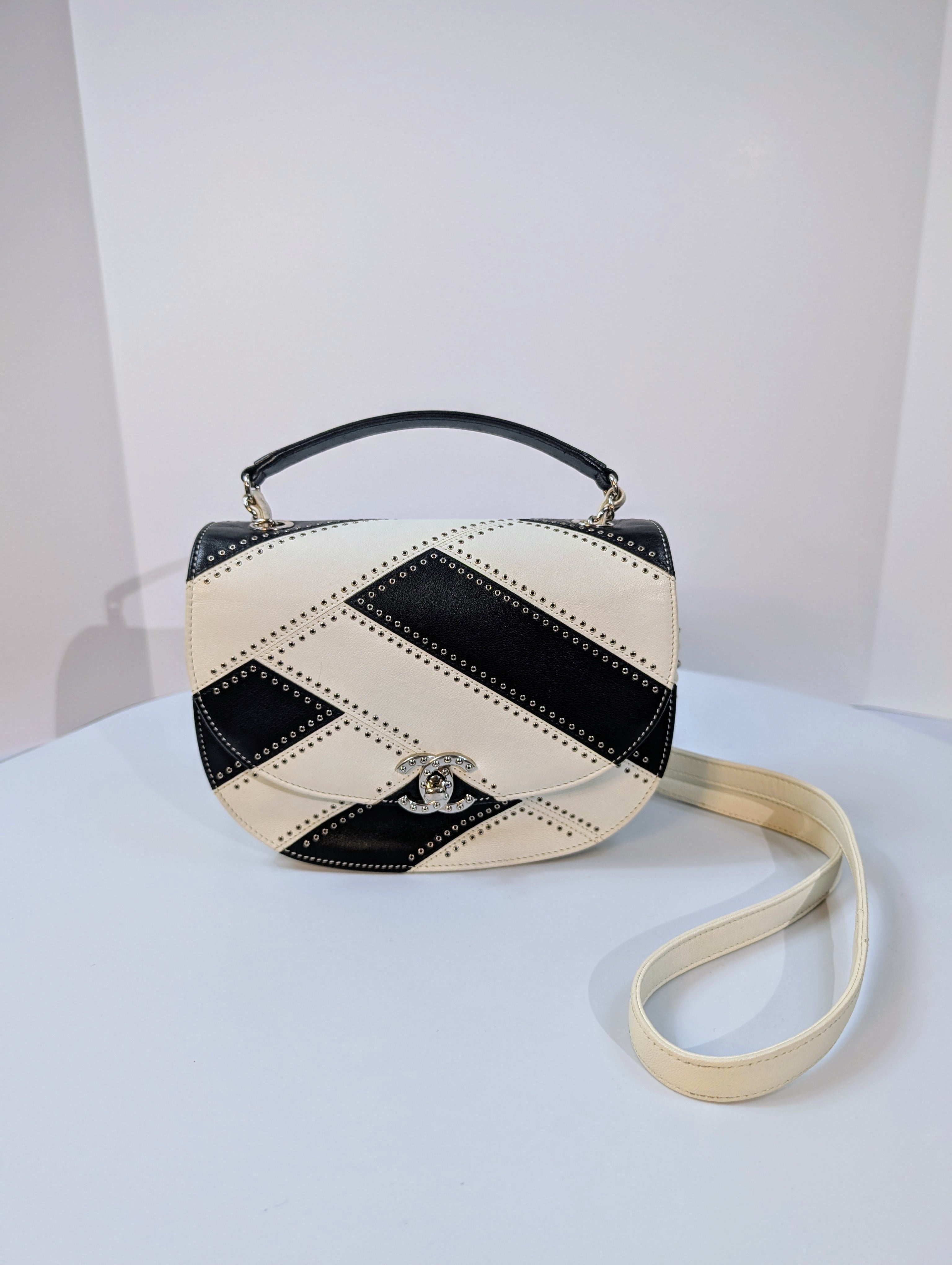 Chanel White and Black Patchwork Round Bottom Tophandle Flap Bag