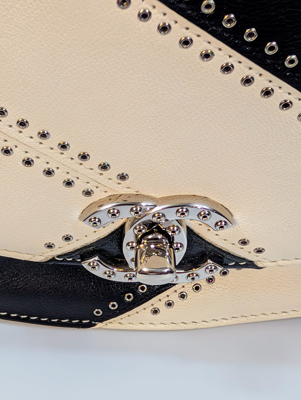 Chanel White and Black Patchwork Round Bottom Tophandle Flap Bag