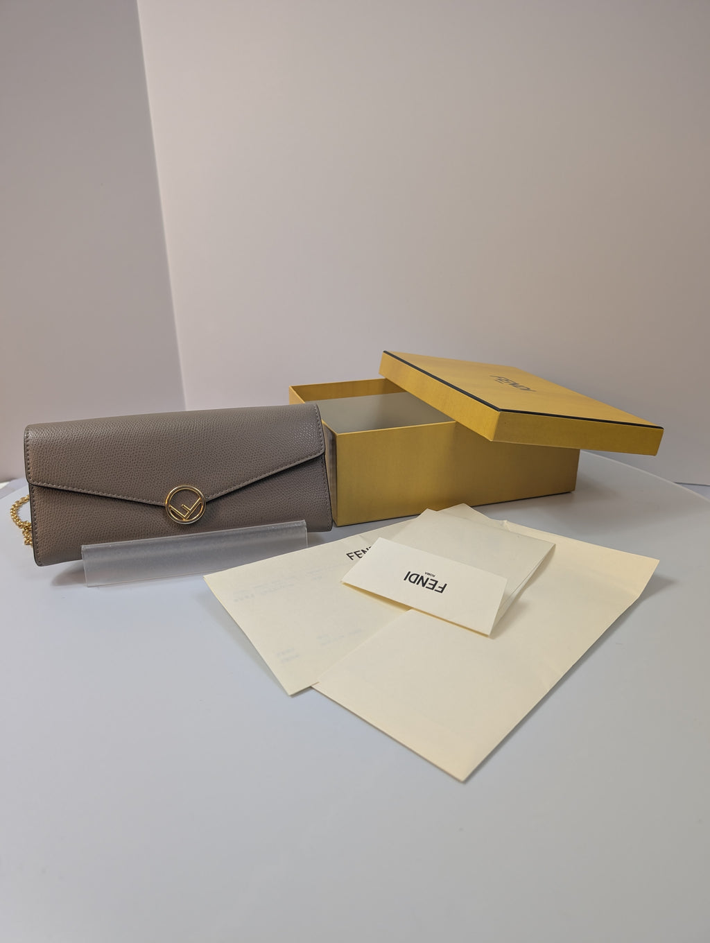 Fendi Light Taupe Continental Grained Leather Wallet on Chain (WOC)
