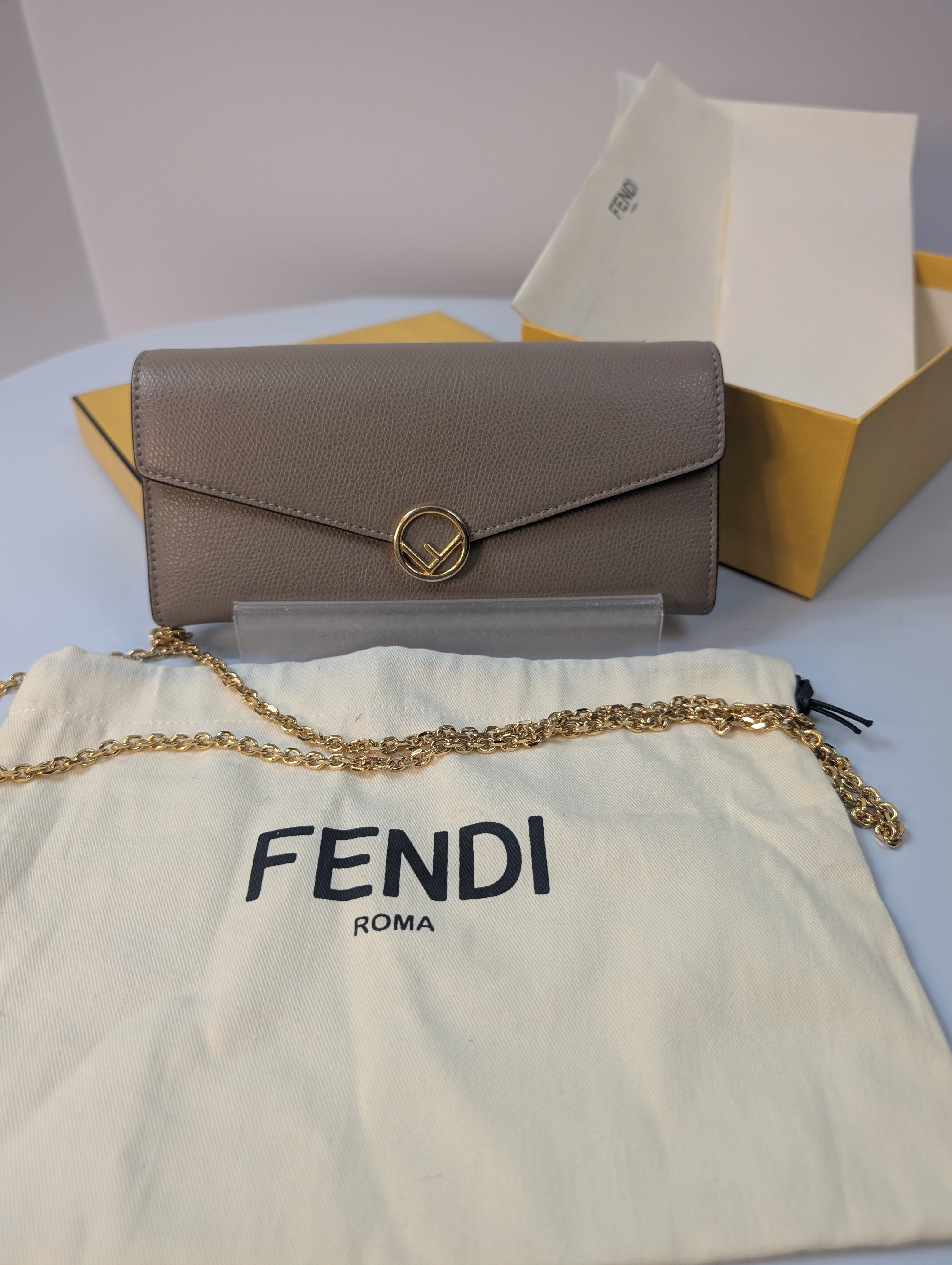 Fendi Light Taupe Continental Grained Leather Wallet on Chain (WOC)